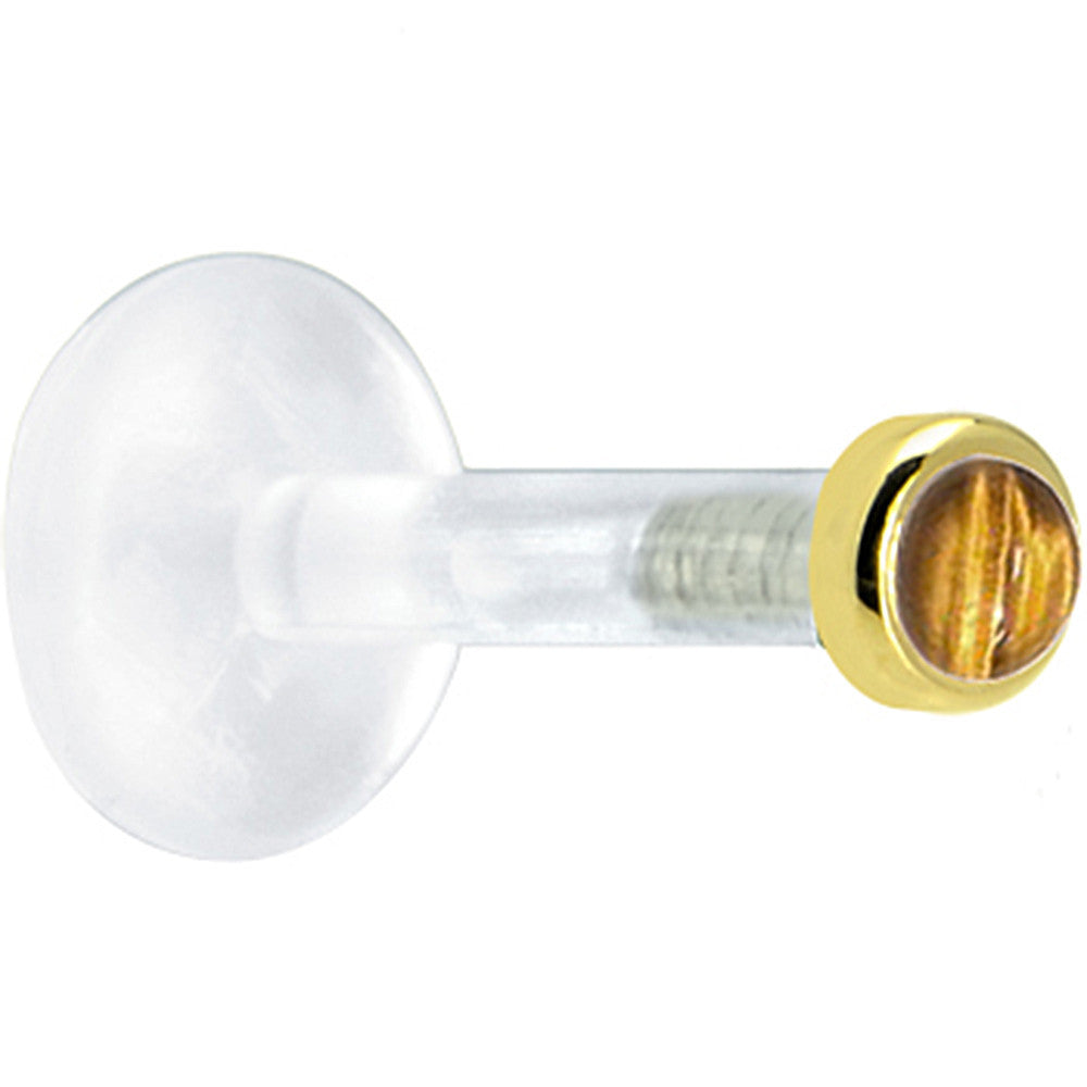 BodyCandy Solid 14K Yellow Gold 2mm Genuine Tiger Eye Bioplast Push in Labret — detail close-up
