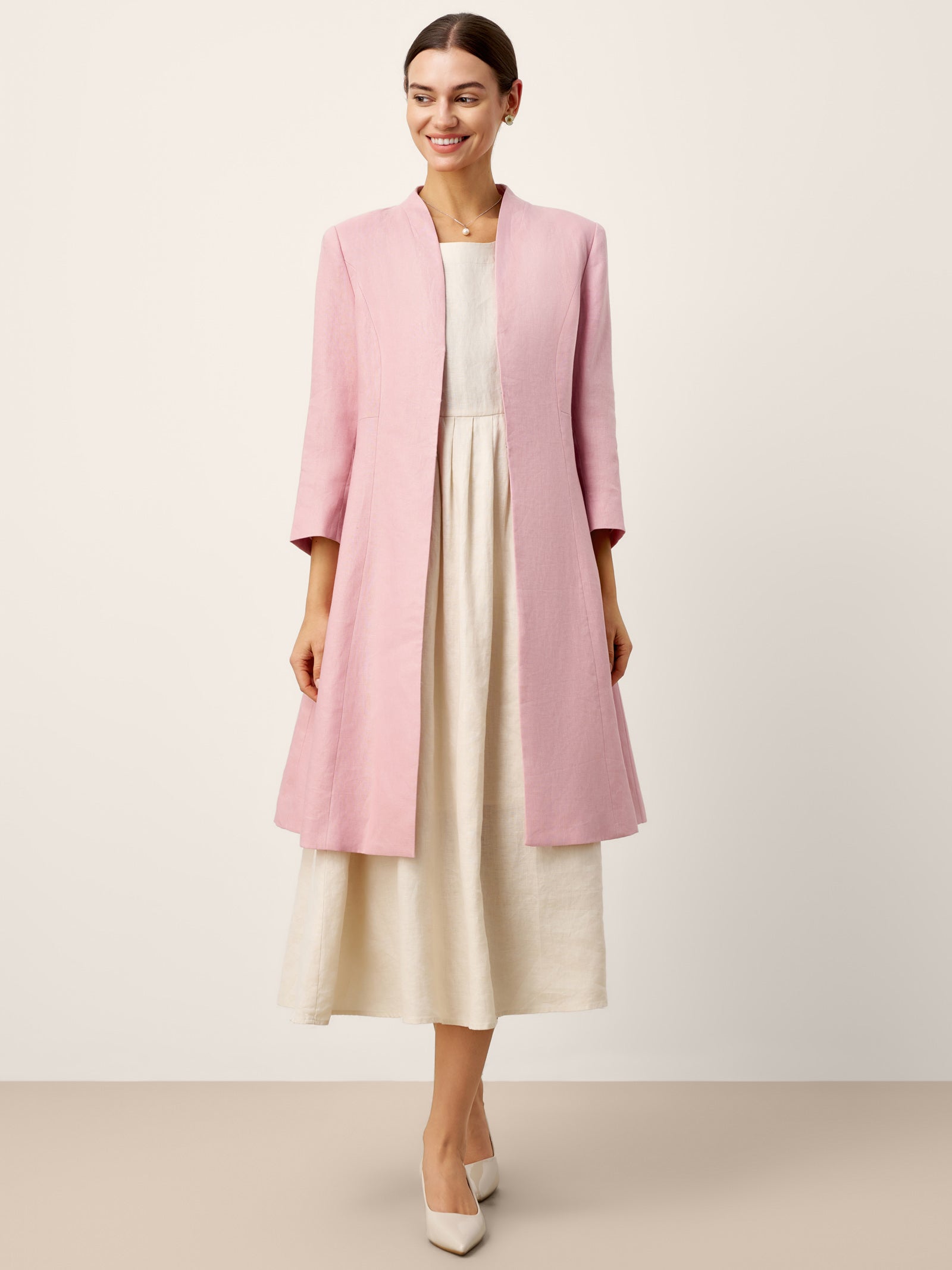 LINTICO 100% Linen Sculpted Waist V-neck Longline Jacket Top AZURA — main product shot