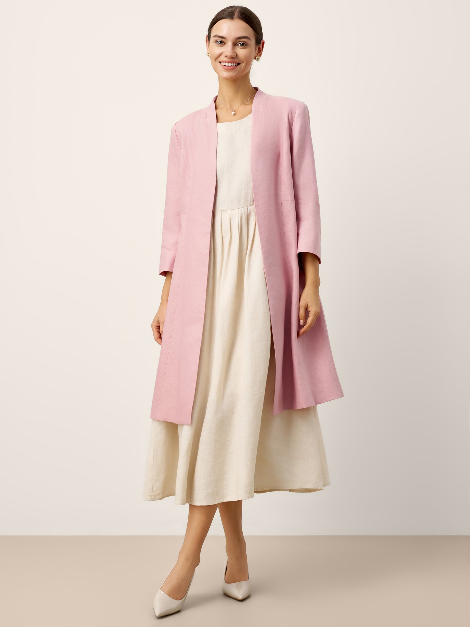 LINTICO 100% Linen Sculpted Waist V-neck Longline Jacket Top AZURA — detail shot 6