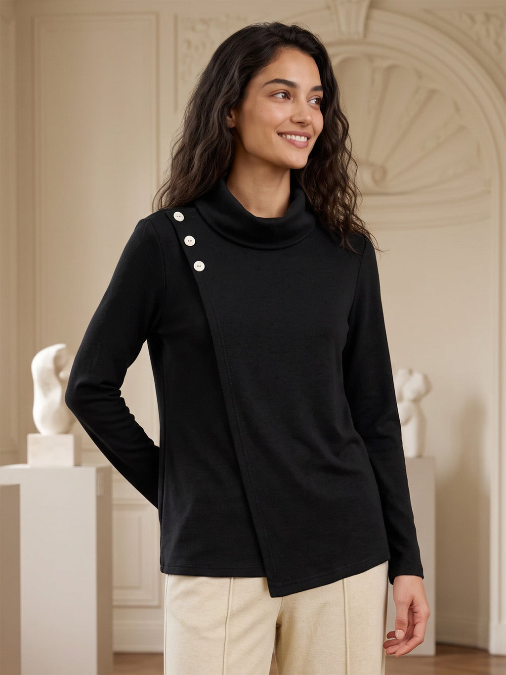Mock Neck Buttoned Stretch Top ZARIA