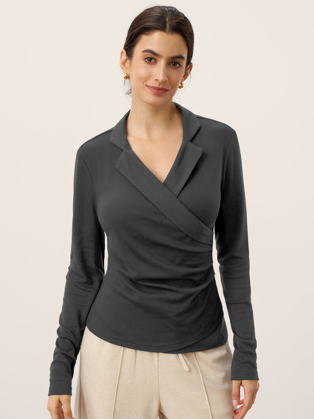 LINTICO Wool Asymmetric Side Ruched Stretch Top BRIONY — detail shot 7