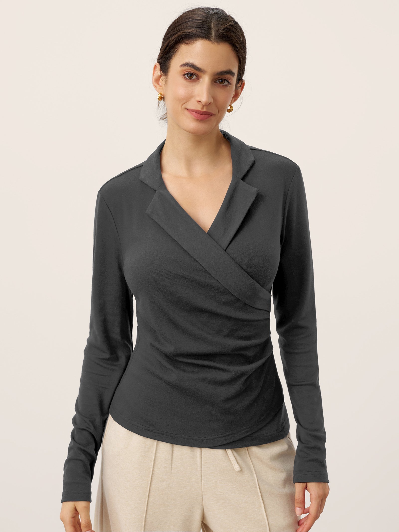 LINTICO Wool Asymmetric Side Ruched Stretch Top BRIONY — detail shot 7