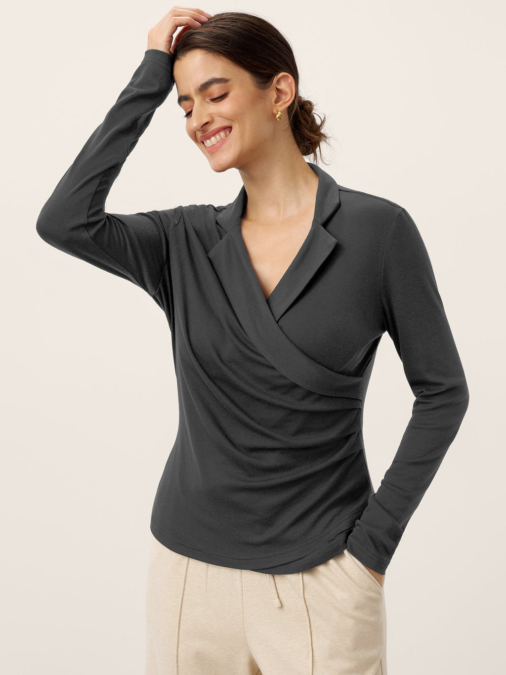 LINTICO Wool Asymmetric Side Ruched Stretch Top BRIONY — detail shot 6