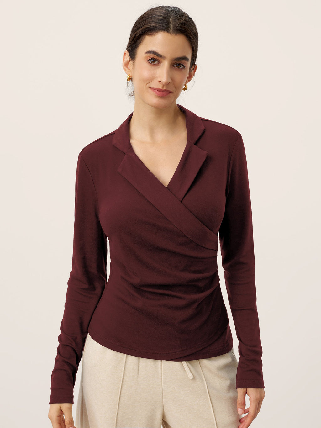LINTICO LINTICO Wool Asymmetric Side Ruched Stretch Top BRIONY — feature highlight