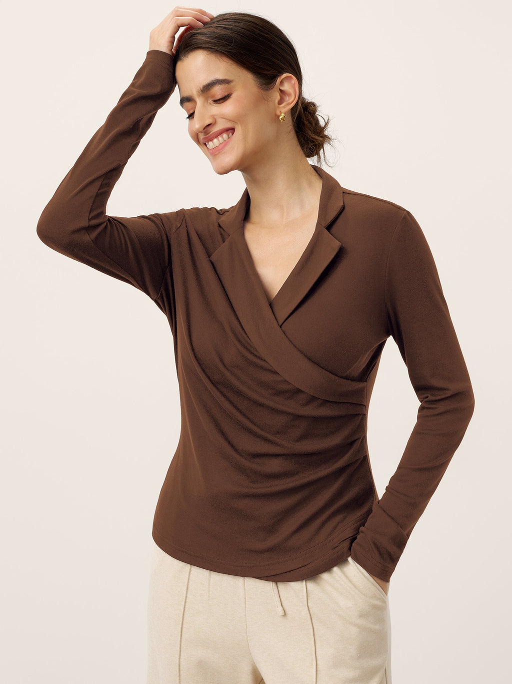 LINTICO Wool Asymmetric Side Ruched Stretch Top BRIONY — detail shot 10