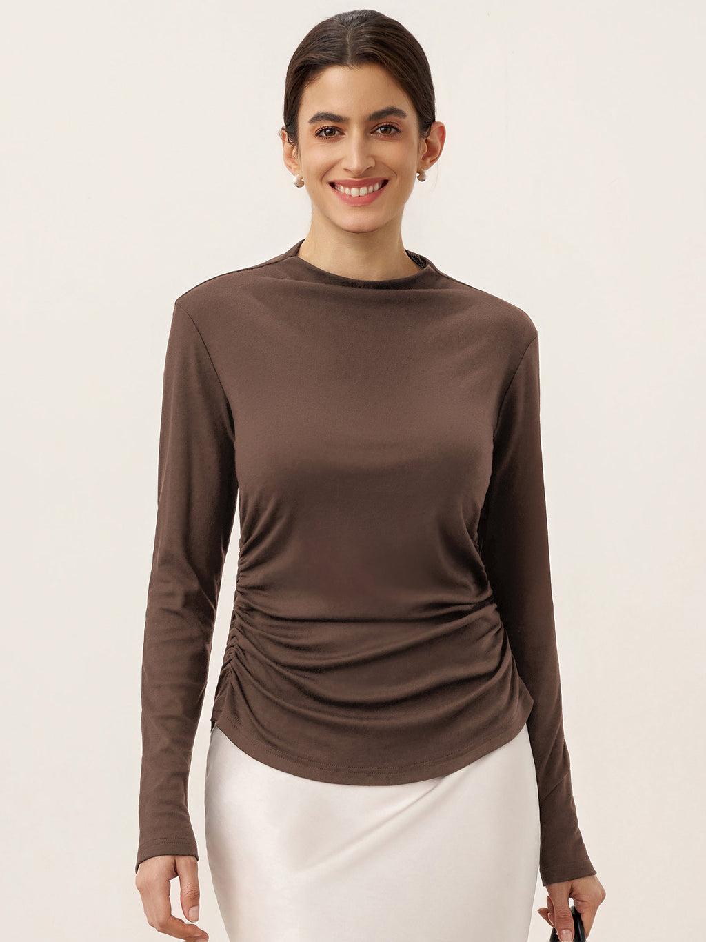 LINTICO Wool Mock Neck Waist Pleat Top ISOLDE — flat-lay composition