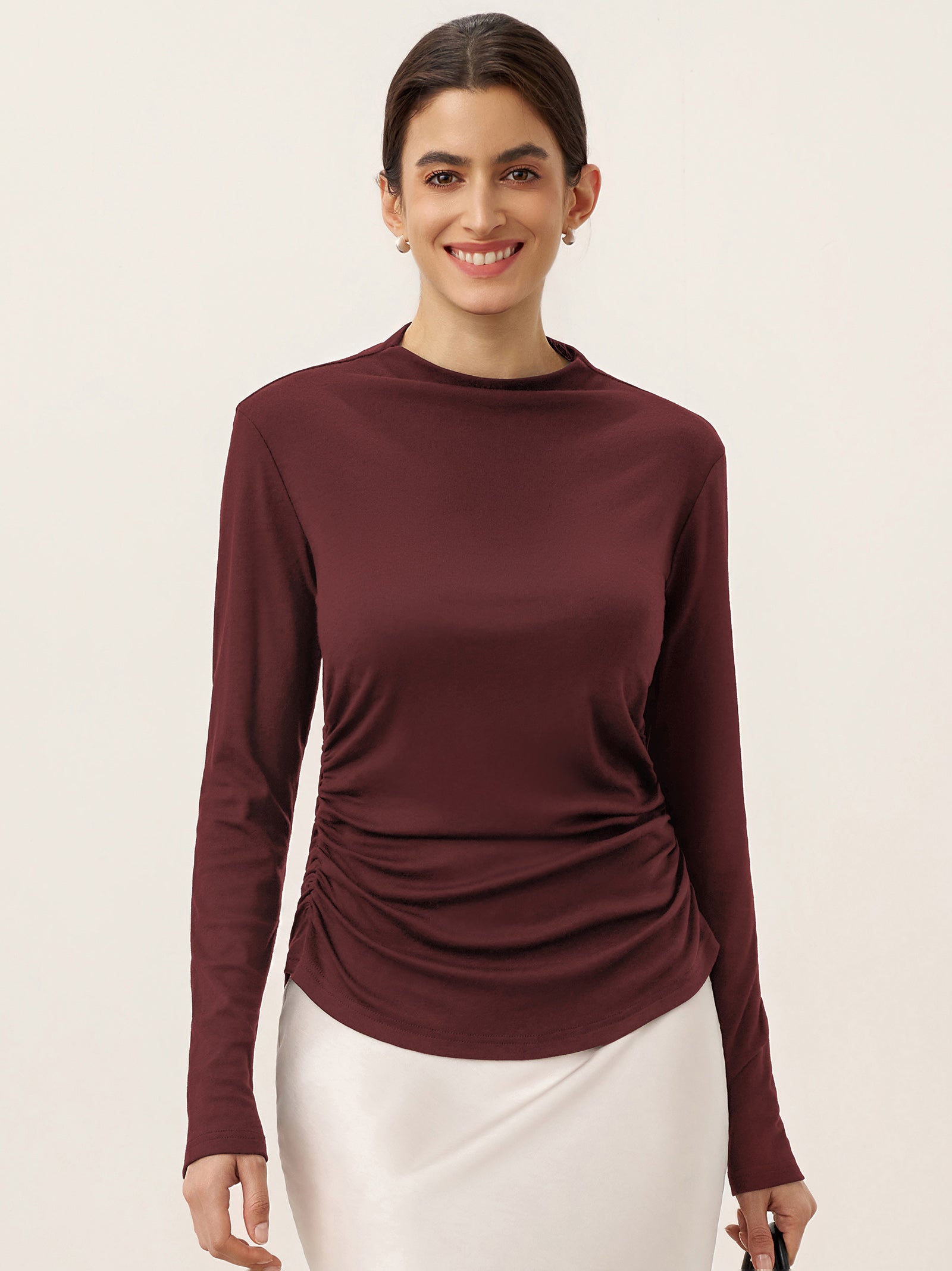 LINTICO Wool Mock Neck Waist Pleat Top ISOLDE — fabric or material detail