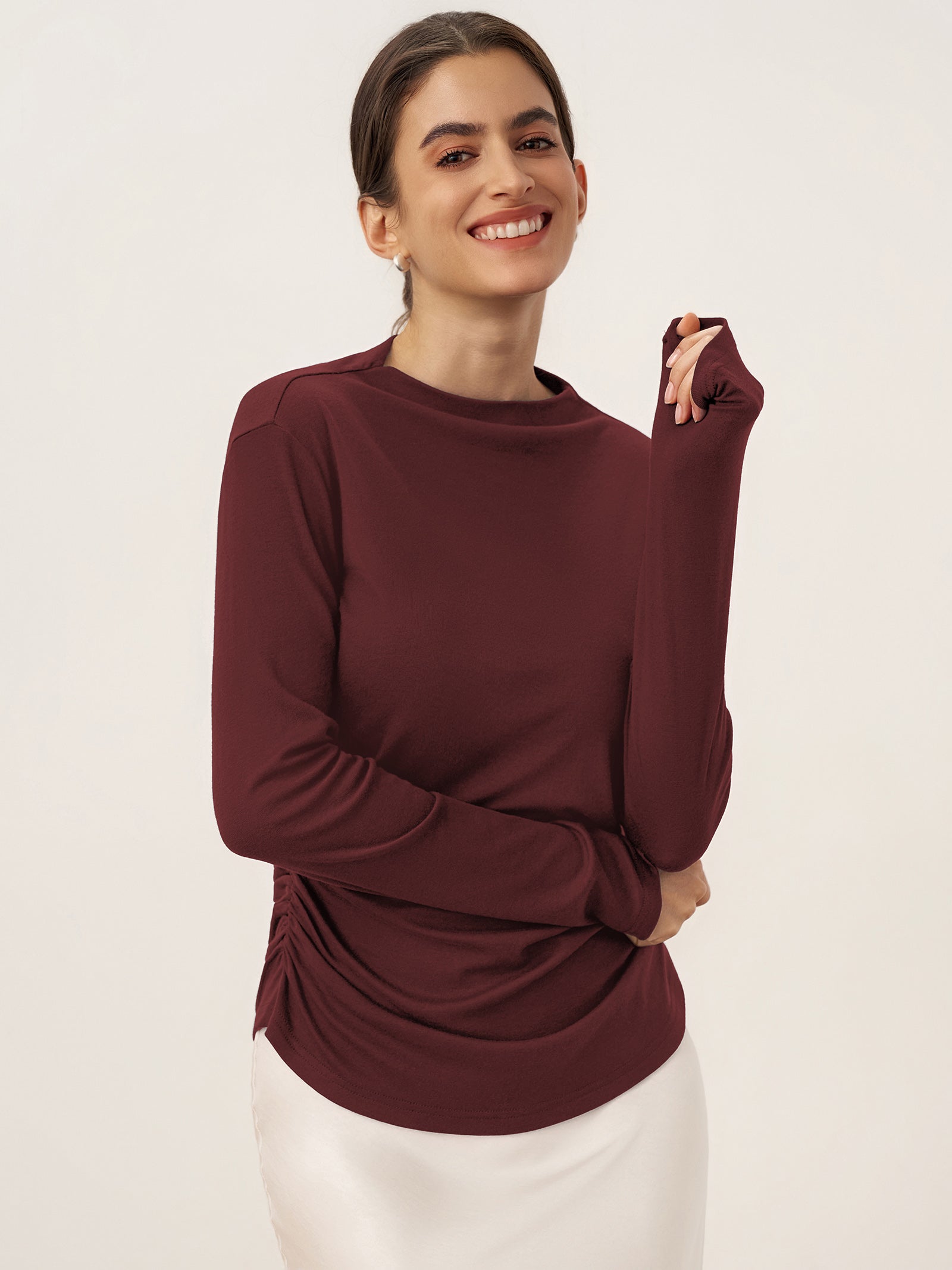 LINTICO Wool Mock Neck Waist Pleat Top ISOLDE — feature highlight