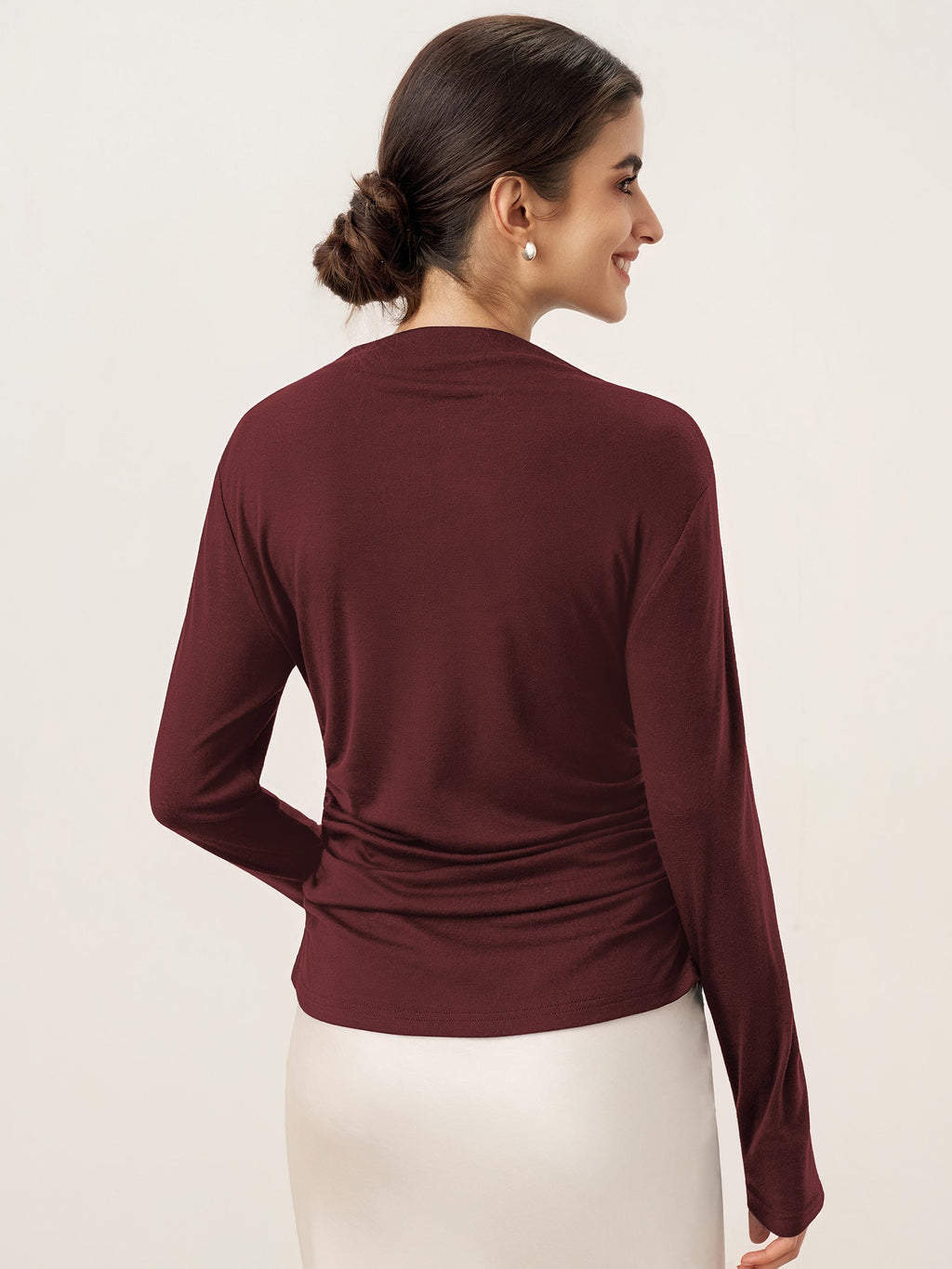 LINTICO Wool Mock Neck Waist Pleat Top ISOLDE — product on model