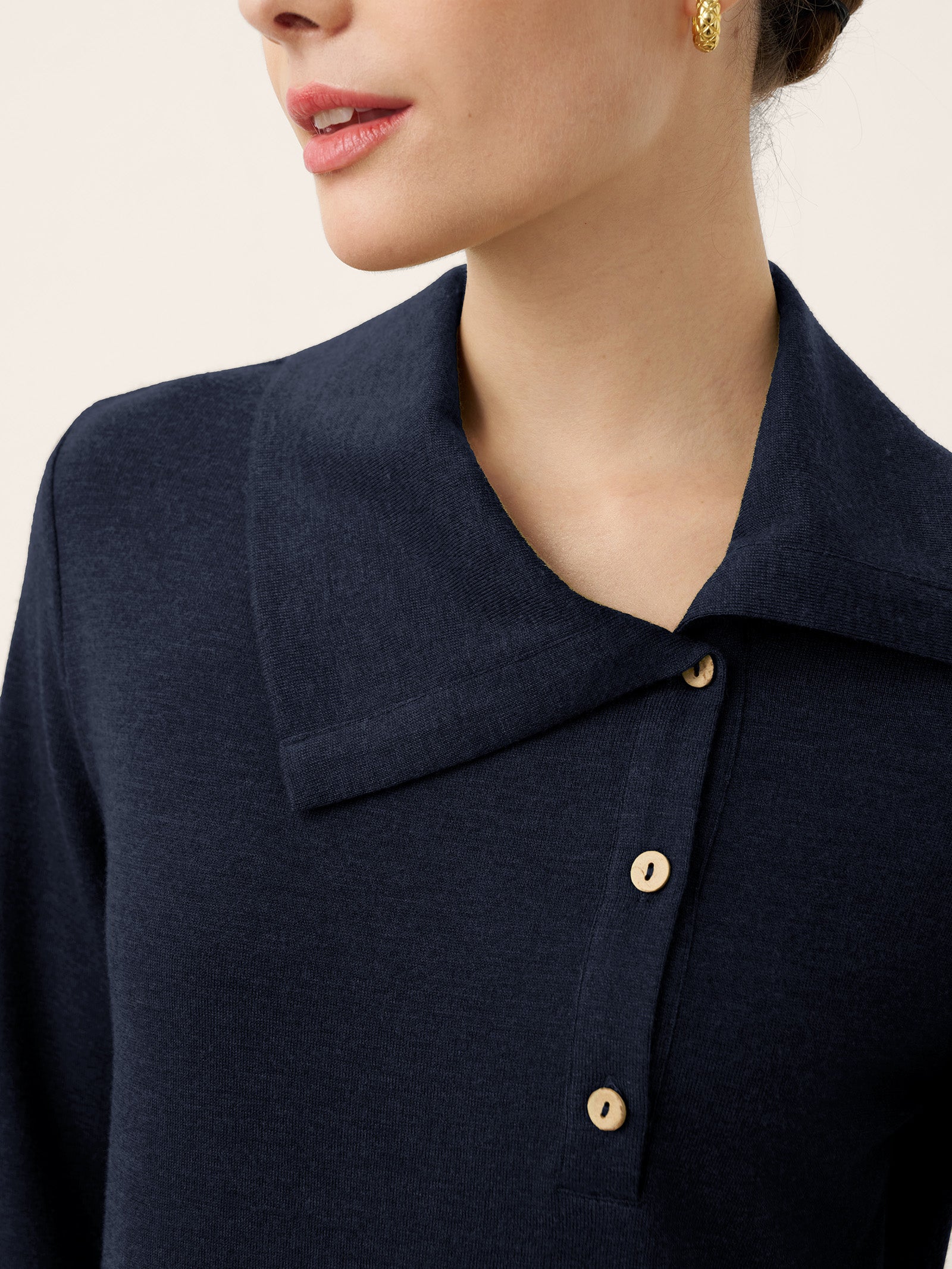 LINTICO Wool Asymmetric Lapel Fruit Button Decor Top YSABEL — fabric or material detail