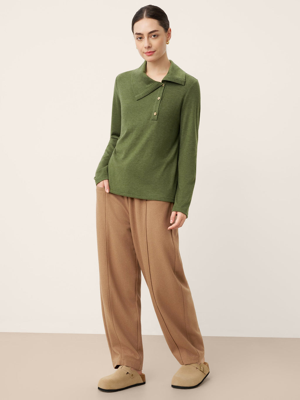 LINTICO Wool Asymmetric Lapel Fruit Button Decor Top YSABEL — detail shot 8
