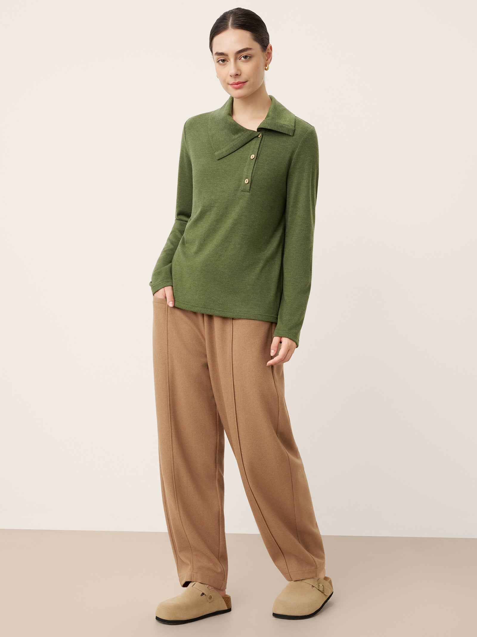 LINTICO Wool Asymmetric Lapel Fruit Button Decor Top YSABEL — detail shot 8