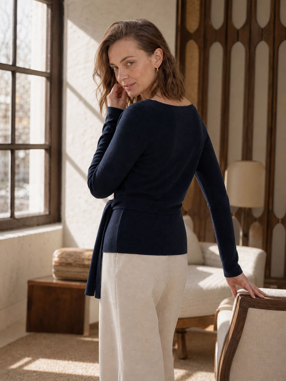 Wool Belted Waist Boat Neck Top NATALIA