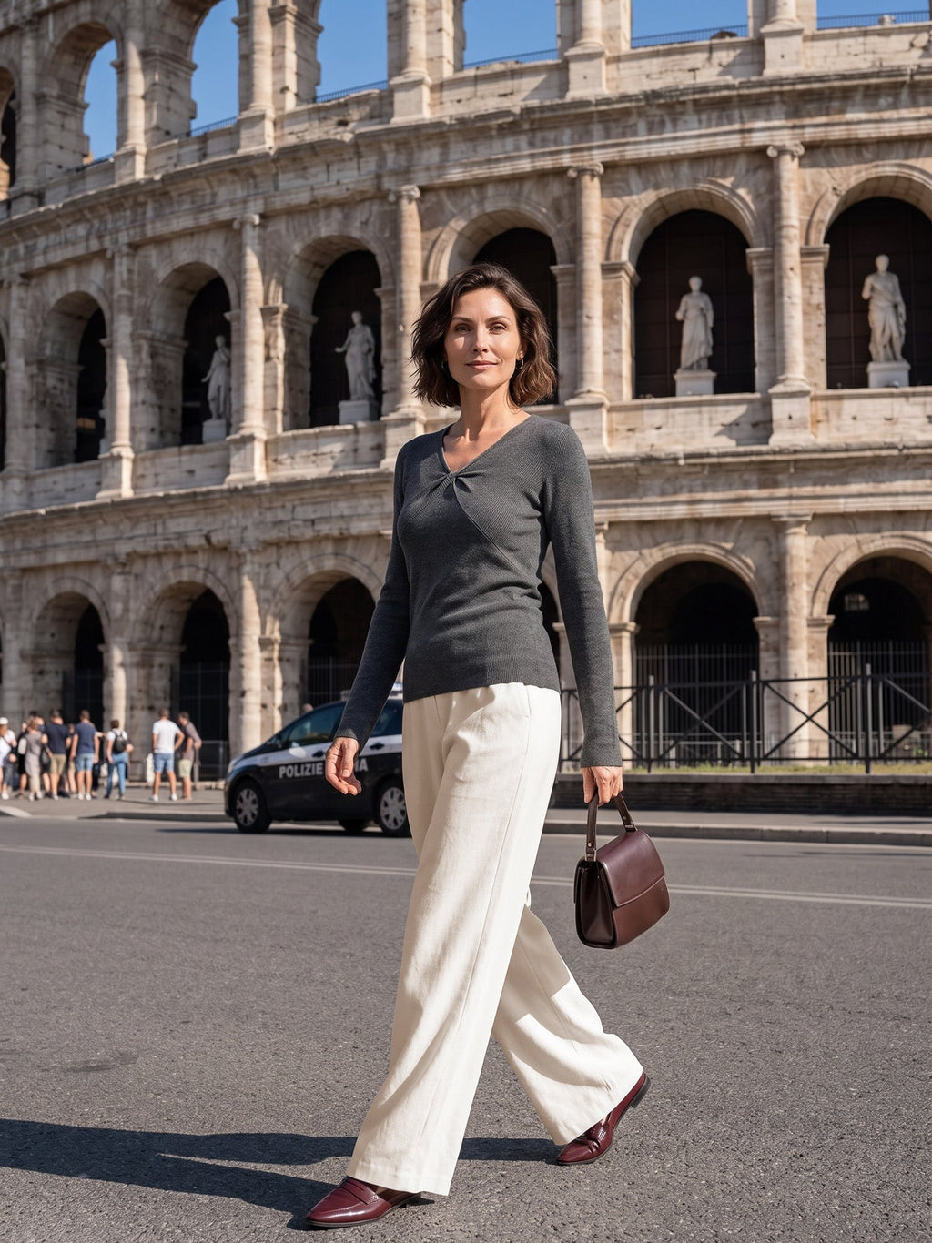 Wool Ruched Panel V-Neck Top RAVEN