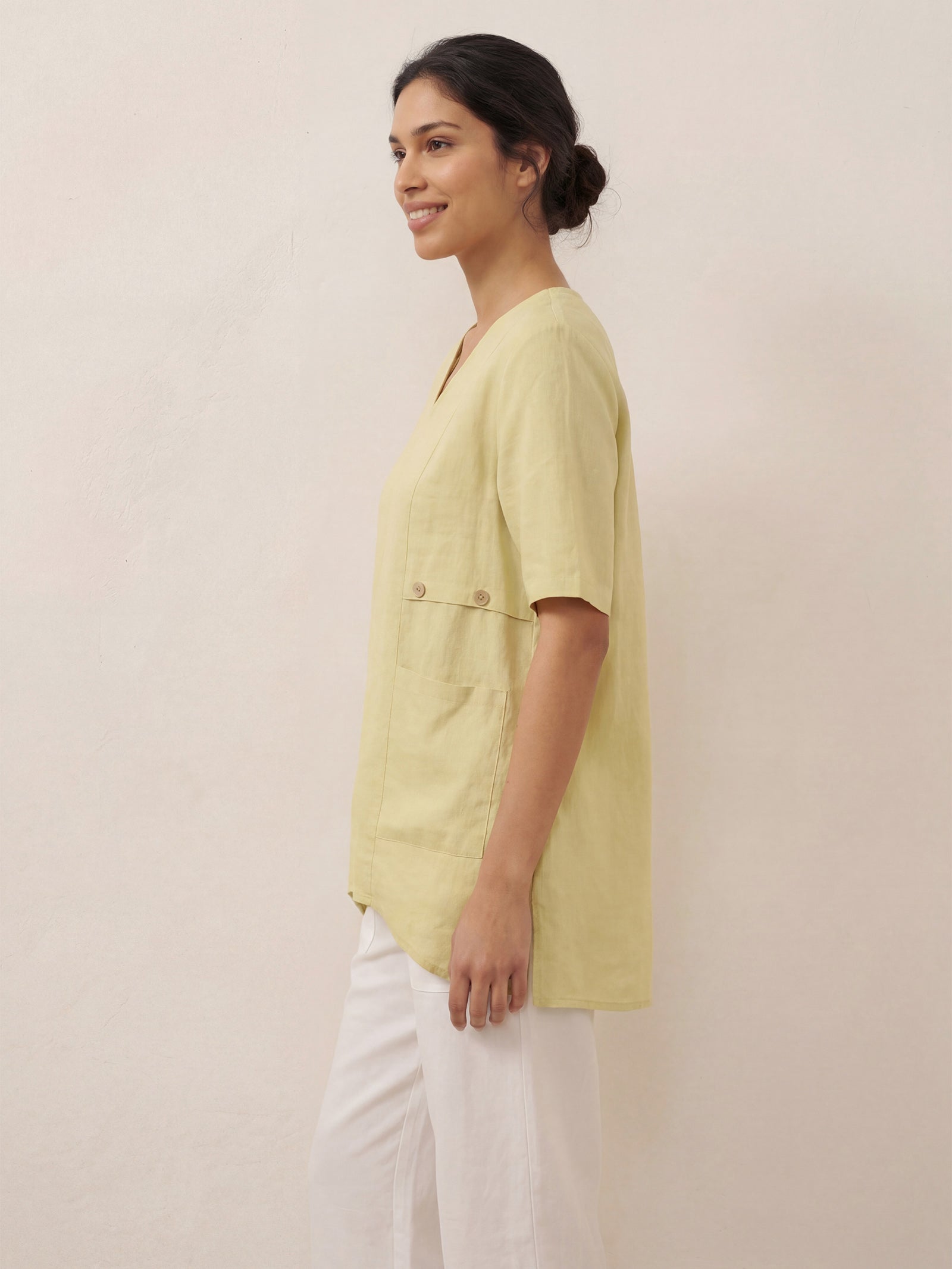 LINTICO 100% Linen Asymmetric Hem Long Top ISLA — construction detail