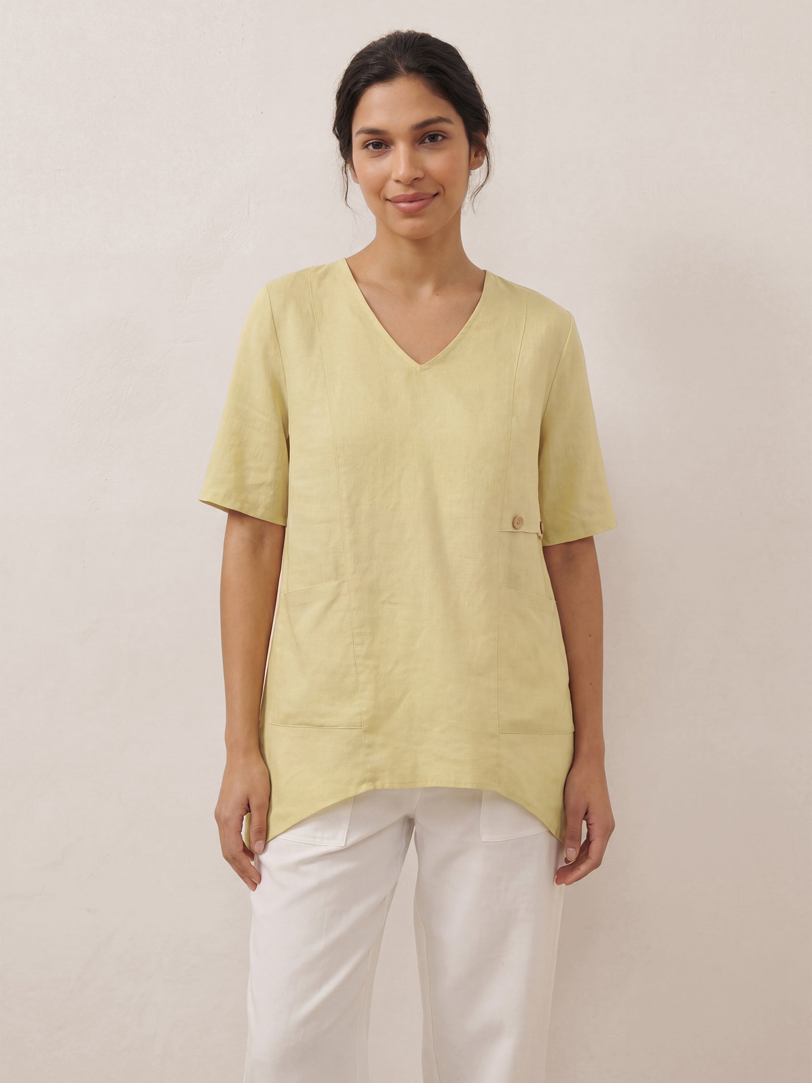 LINTICO 100% Linen Asymmetric Hem Long Top ISLA — main product shot