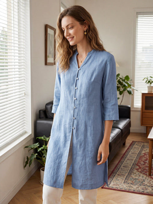 LINTICO 100% Linen Hand Button Long Top DILLON — construction detail