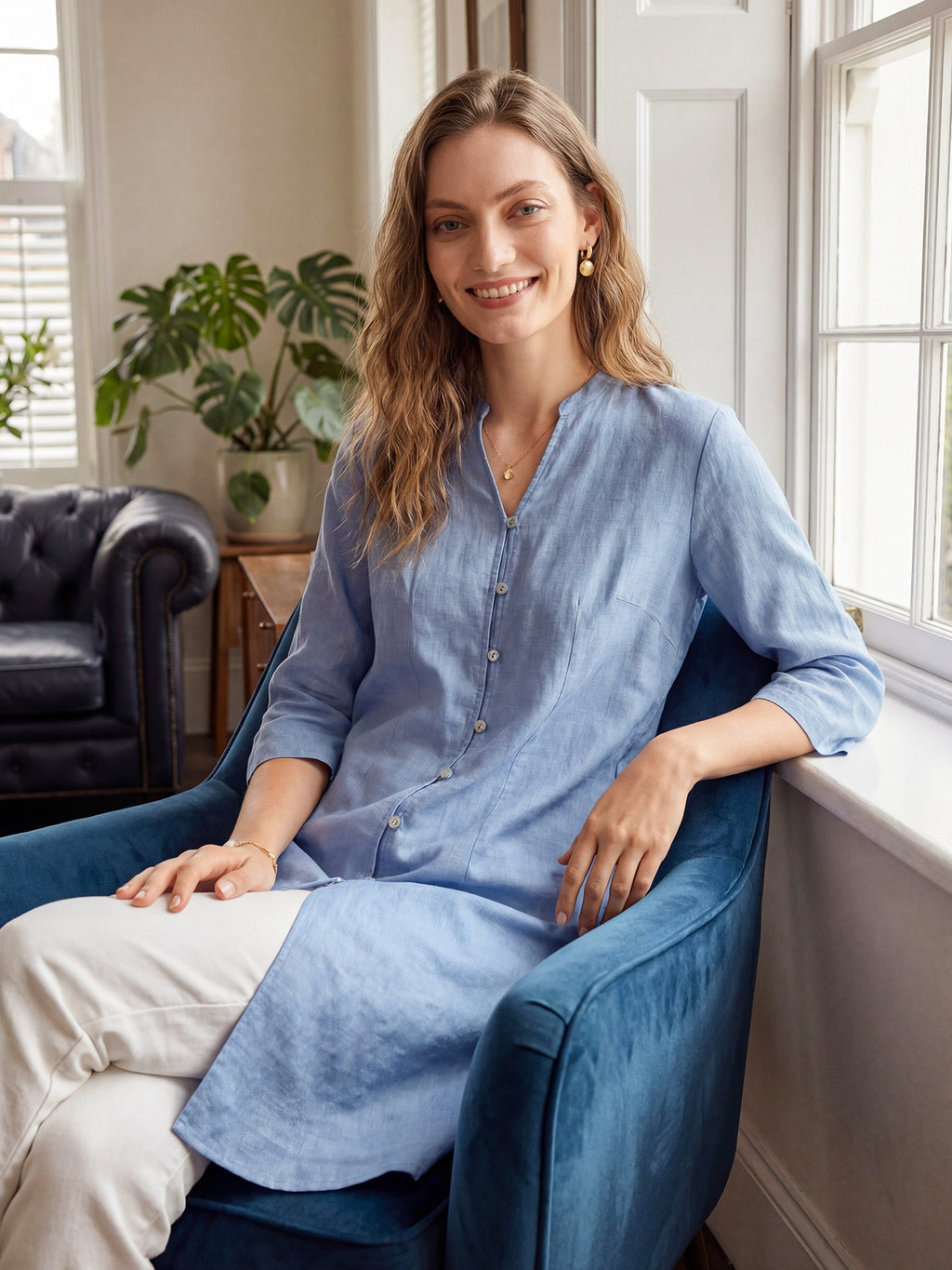 LINTICO 100% Linen Hand Button Long Top DILLON — tops-shirts-linen category context