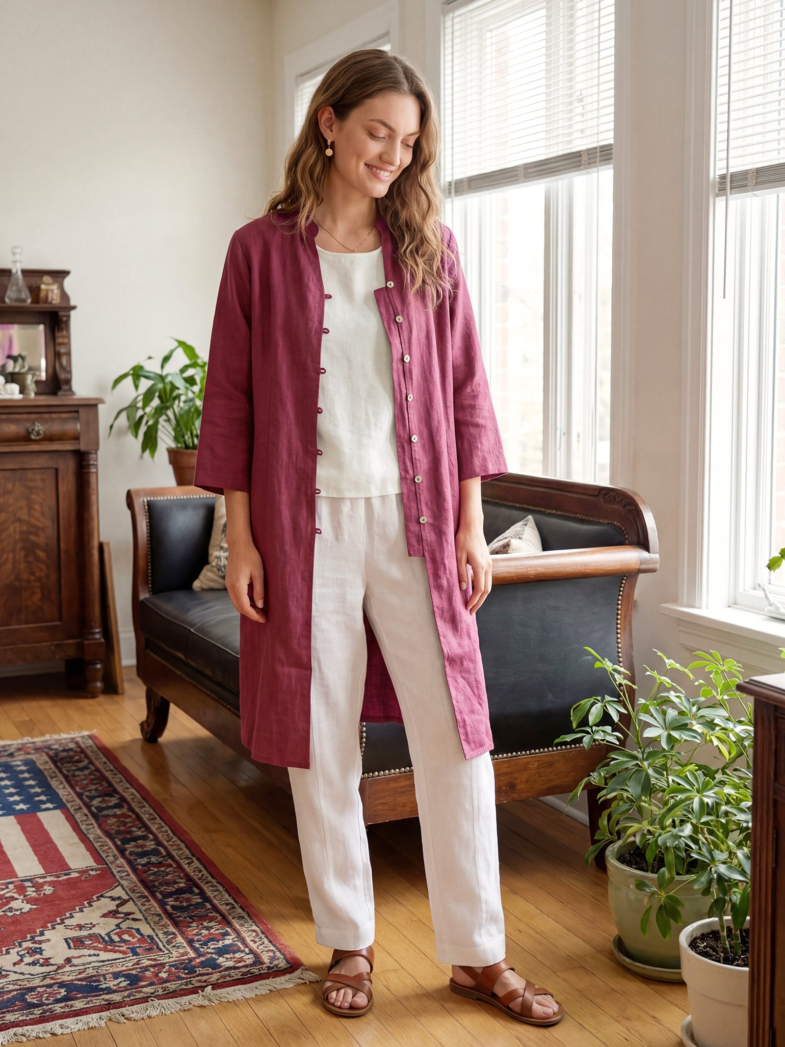 LINTICO 100% Linen Hand Button Long Top DILLON — construction detail