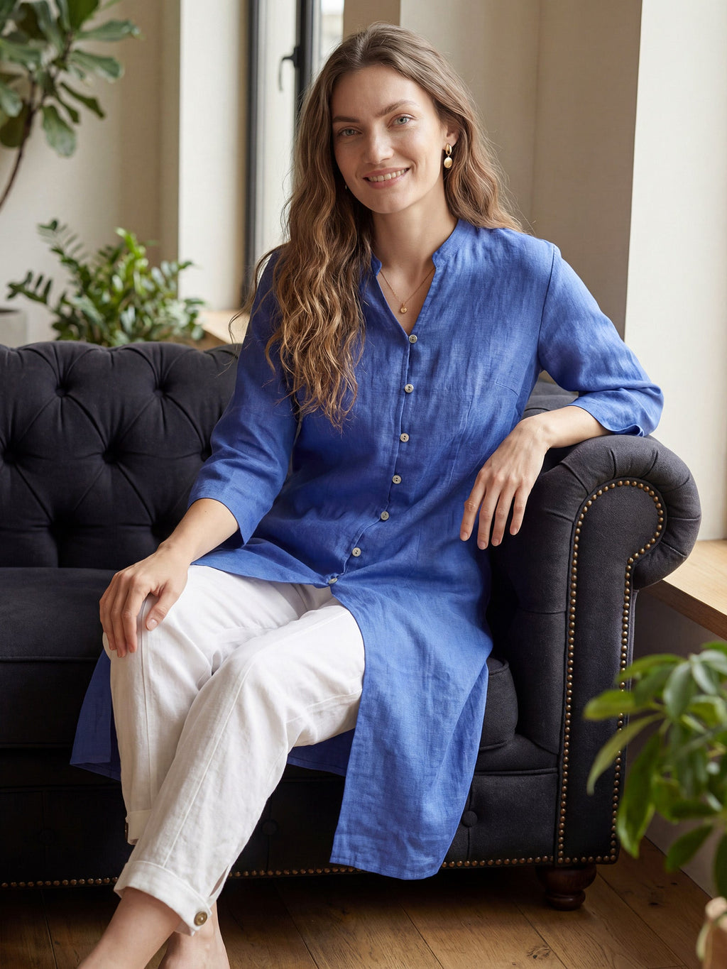 LINTICO 100% Linen Hand Button Long Top DILLON — size reference