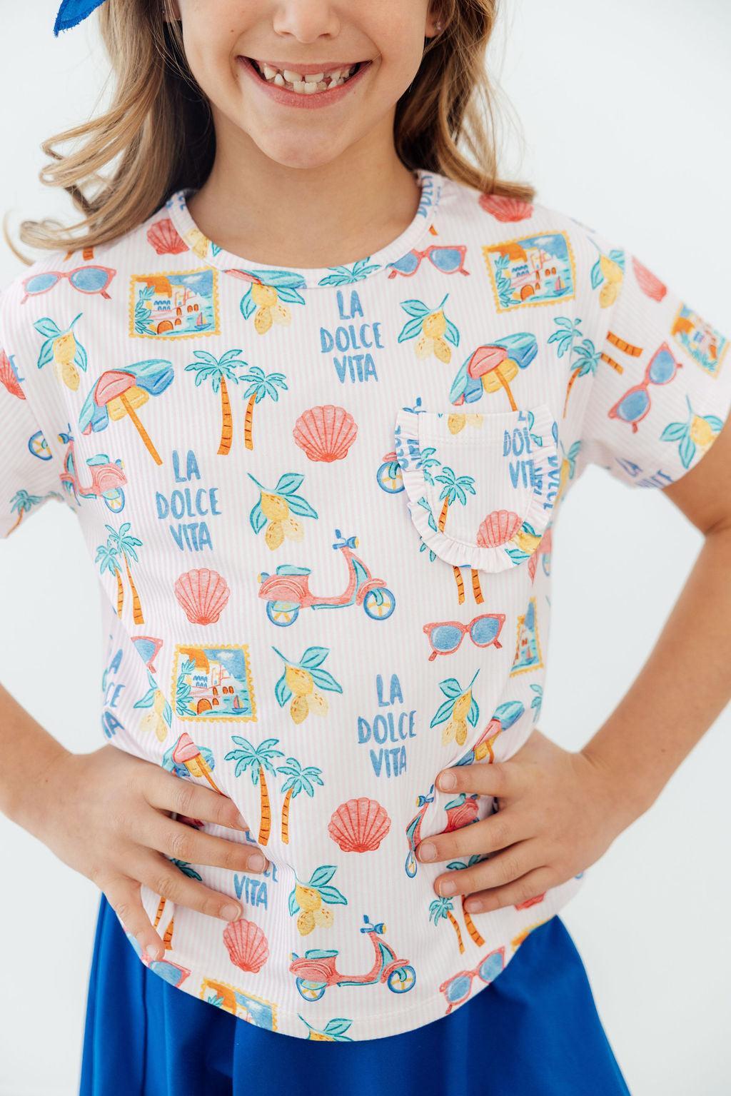 Mila & Rose ® La Dolce Vita Ruffle Pocket Tee — lifestyle context