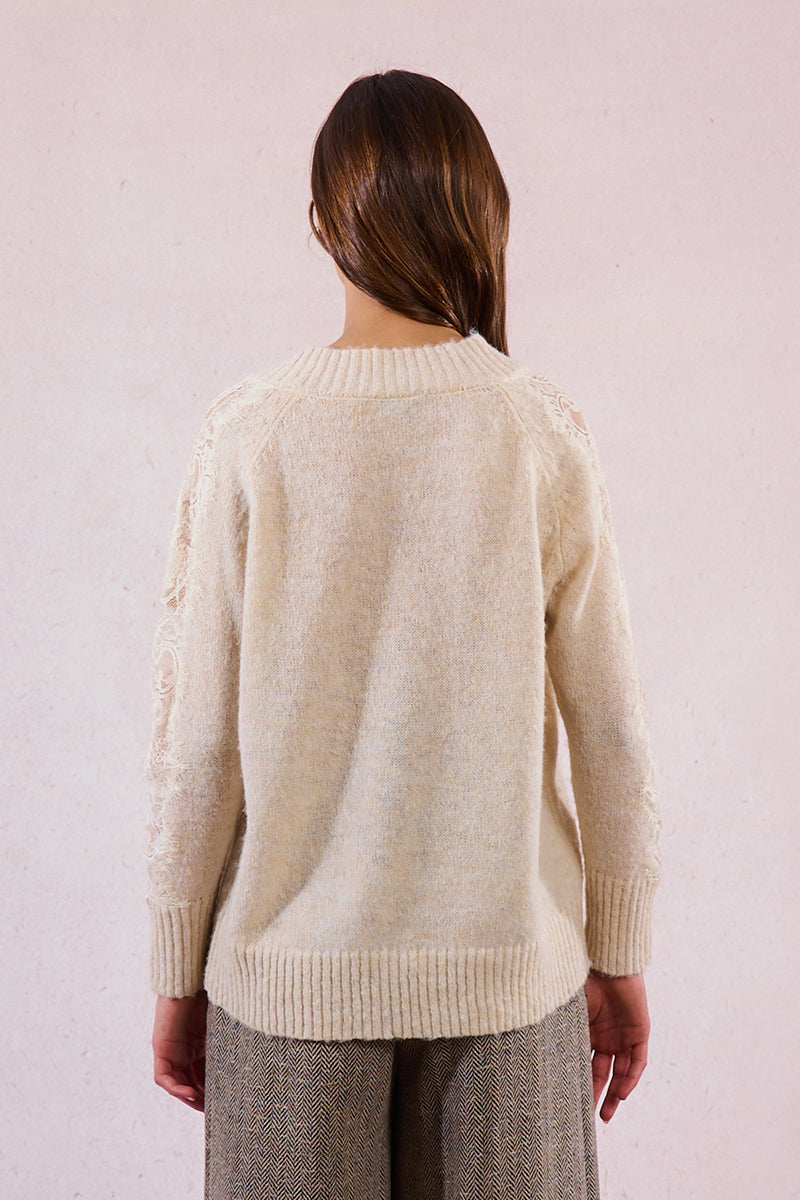 KADOU BOUTIQUE Lace Sleeve Knitted Sweater — detail close-up
