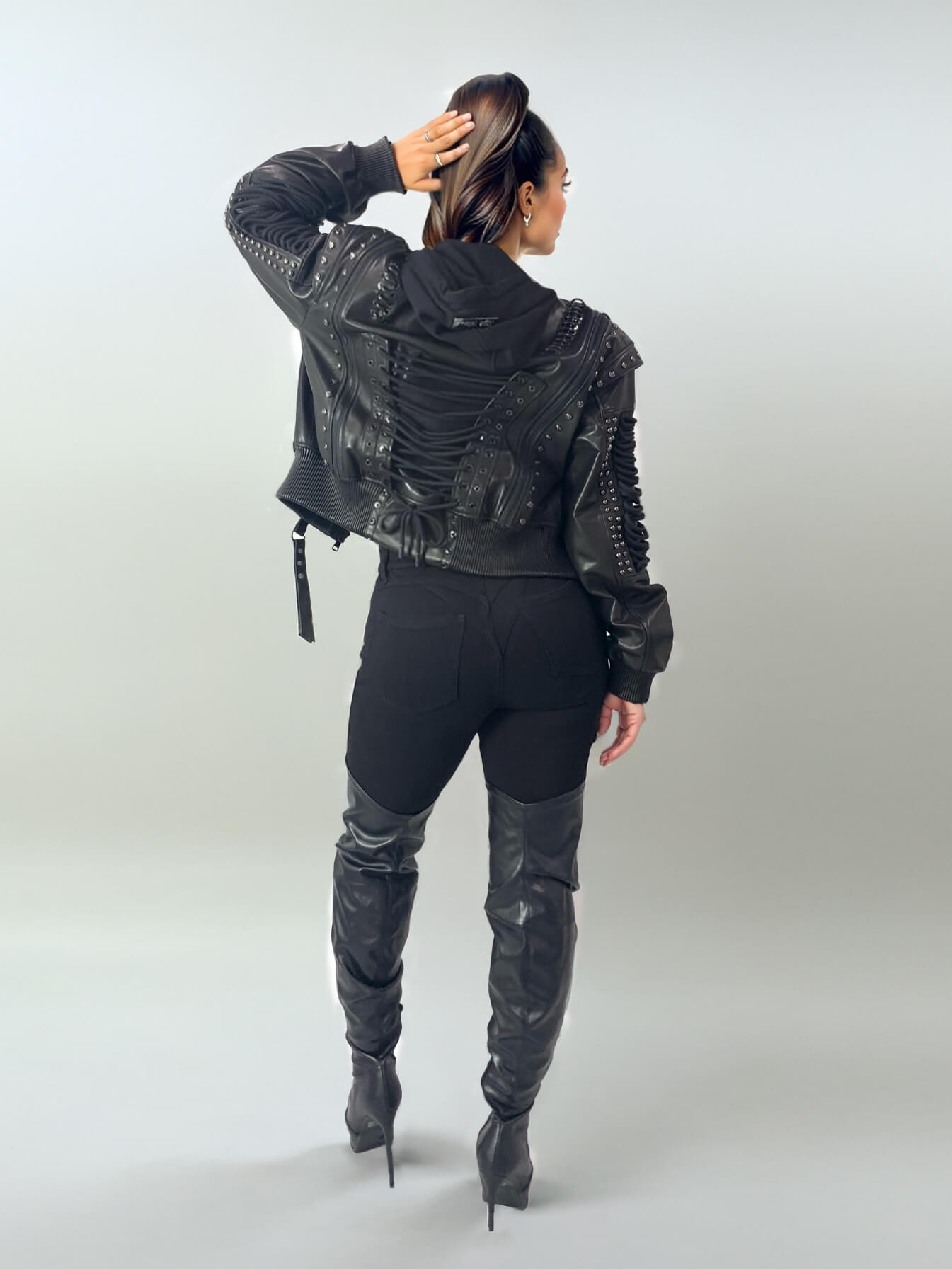 Apple Bottom Jeans Apple Bottom Jeans Lace Up Leather Bomber Jacket — in-use context