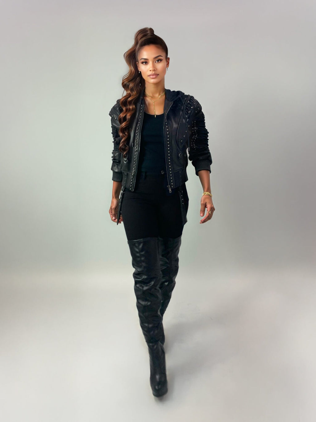 Apple Bottom Jeans Apple Bottom Jeans Lace Up Leather Bomber Jacket — texture detail