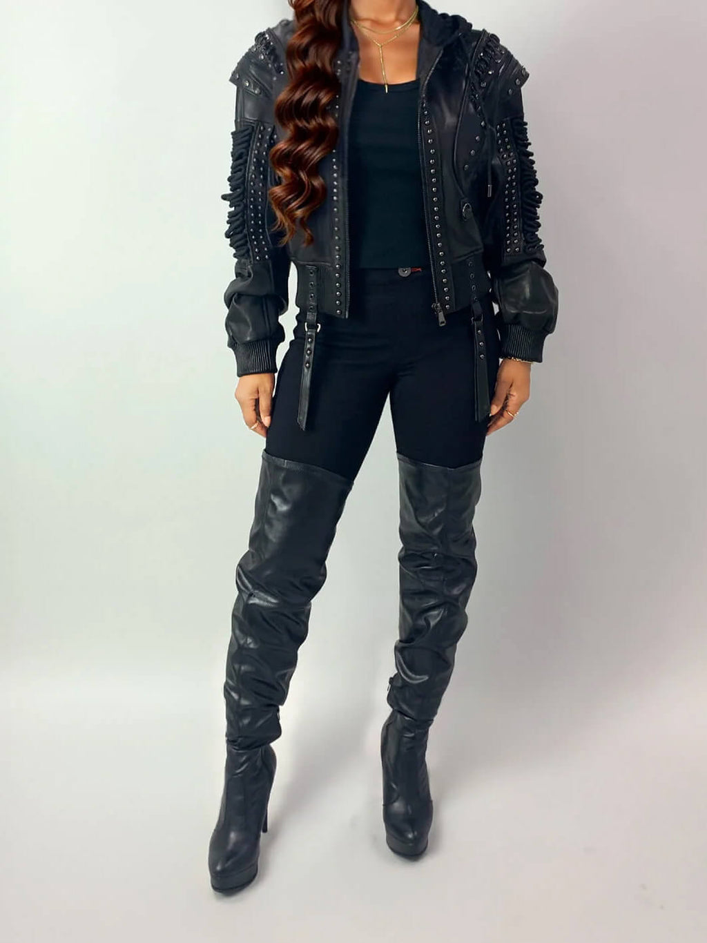 Apple Bottom Jeans Apple Bottom Jeans Lace Up Leather Bomber Jacket — detail and construction