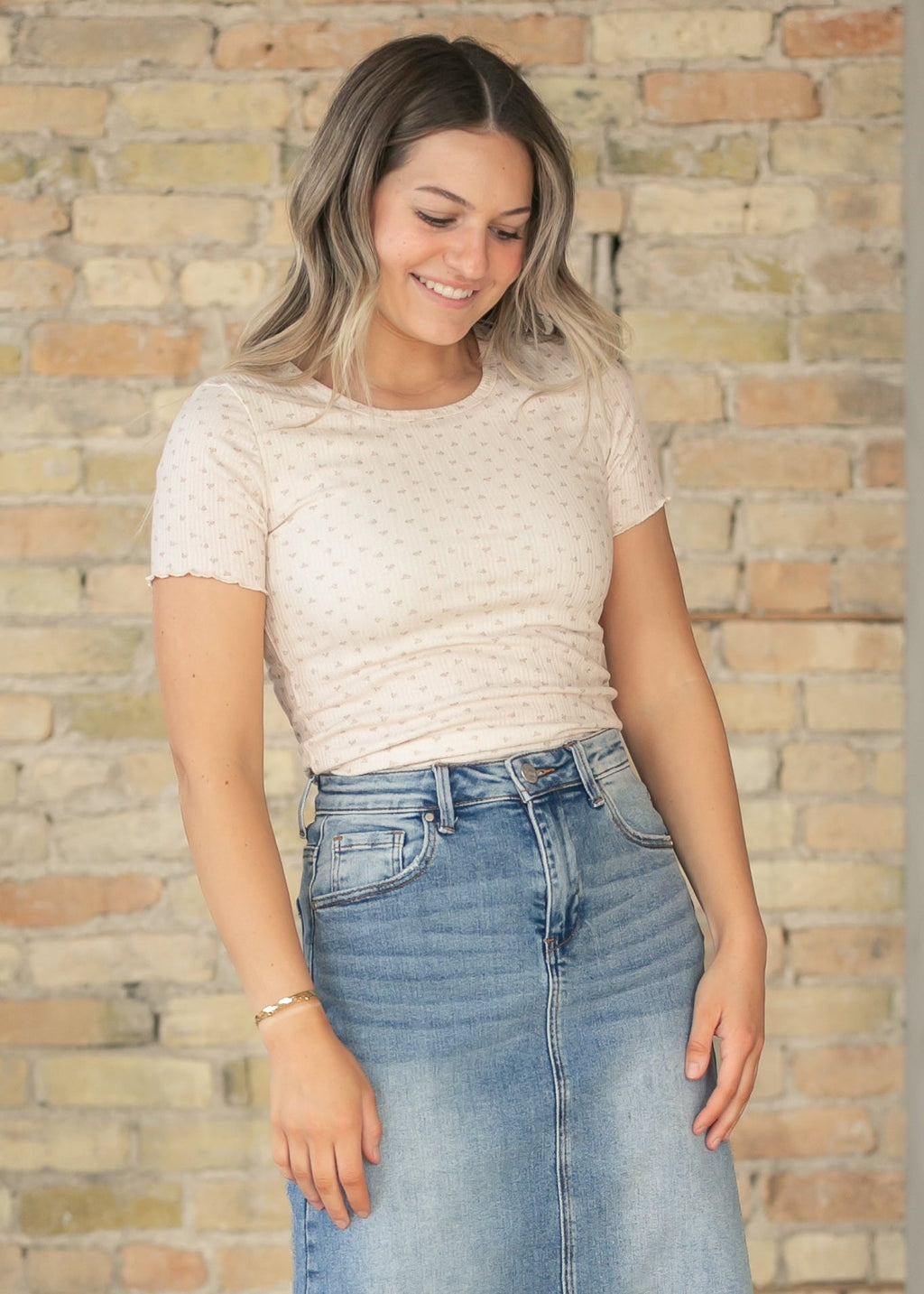 Inherit Co. Larza Taupe Floral Lettuce Hem Top — main product shot