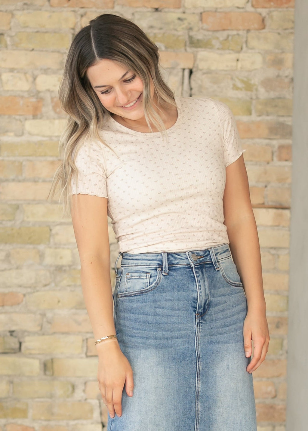 Inherit Co. Larza Taupe Floral Lettuce Hem Top — detail close-up