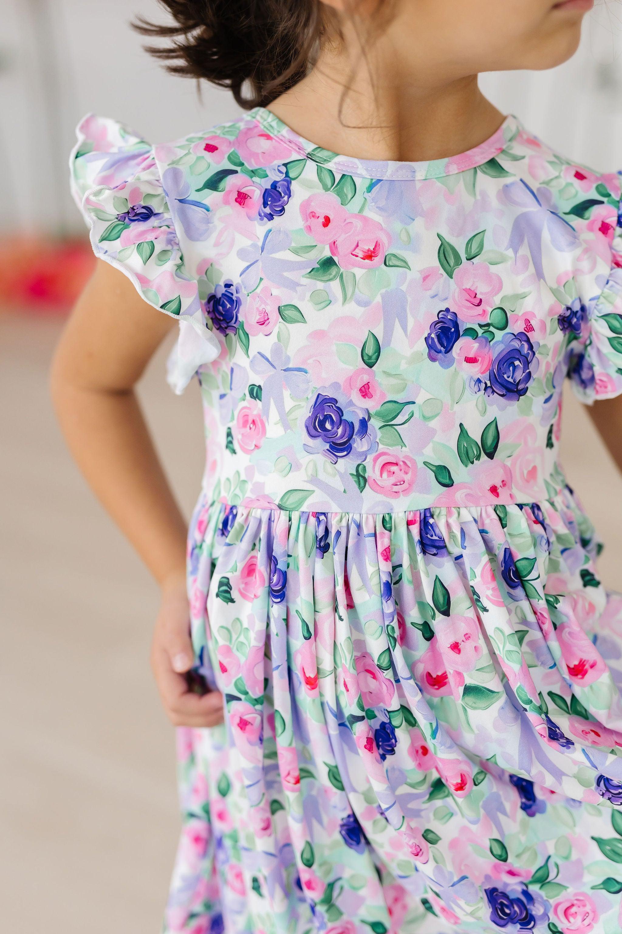 Mila & Rose ® Lavender Love Flutter Sleeve Twirl Dress — detail close-up