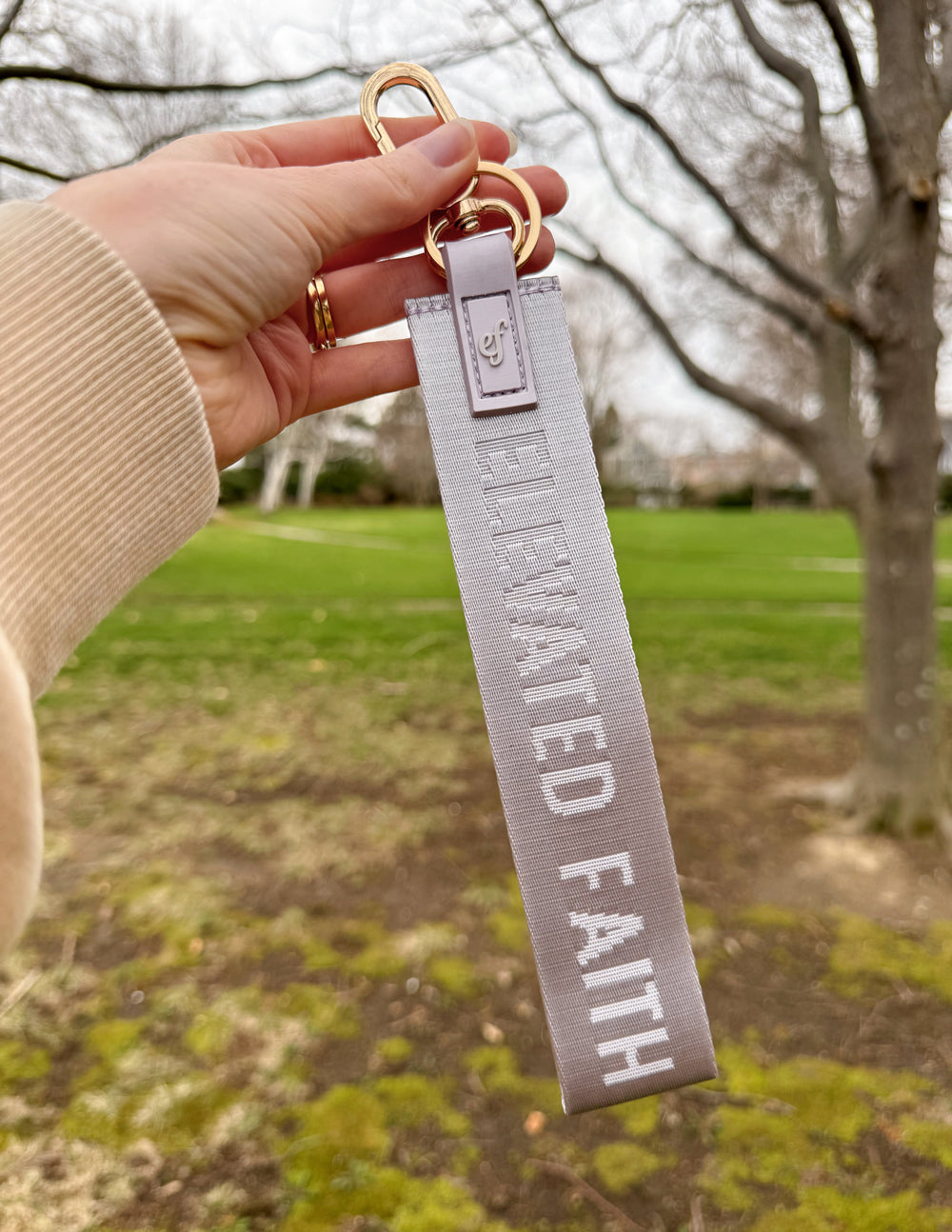 Elevated Faith Lavender Oversized Logo Keychain — lifestyle worn / used context