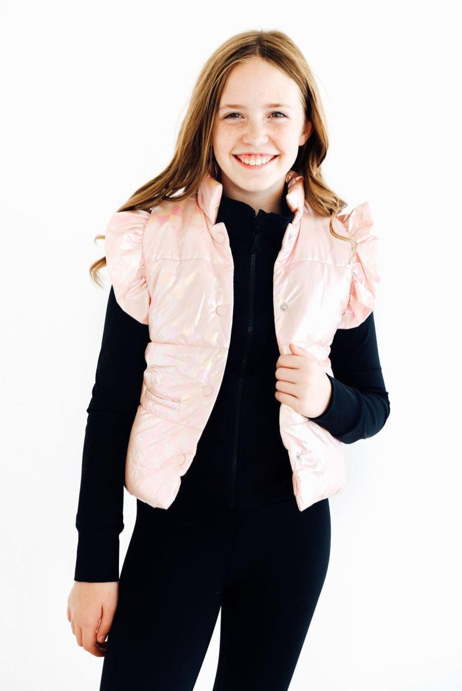Mila & Rose ® SALE Light Pink Checker Puffer Vest — lifestyle context