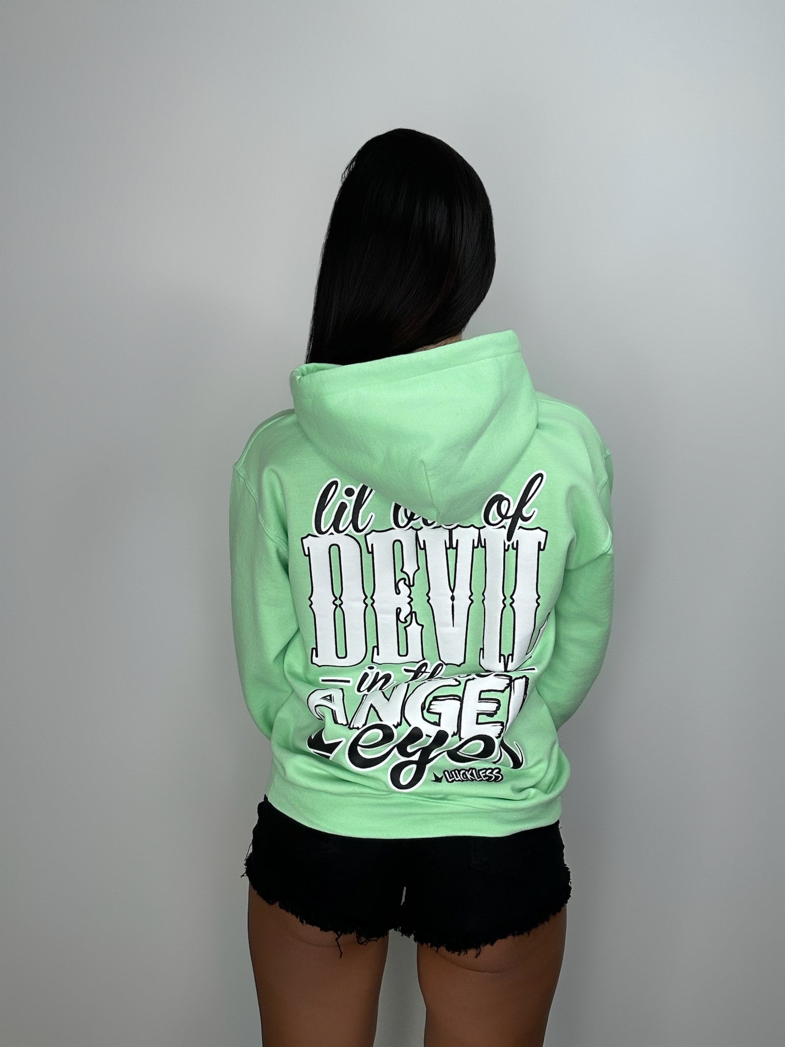 Luckless Outfitters Lil Bit Of Devil in these Angel Eyes Hoodie — fabric or material detail
