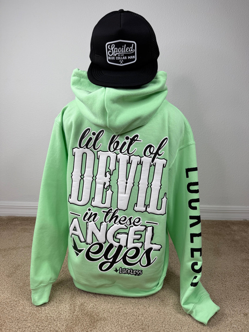 Luckless Outfitters Lil Bit Of Devil in these Angel Eyes Hoodie — size reference