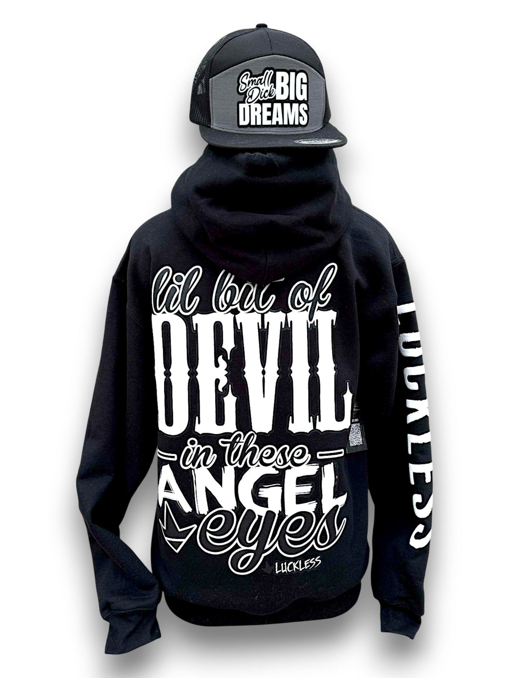 Luckless Outfitters Lil Bit Of Devil in these Angel Eyes Hoodie — main product shot