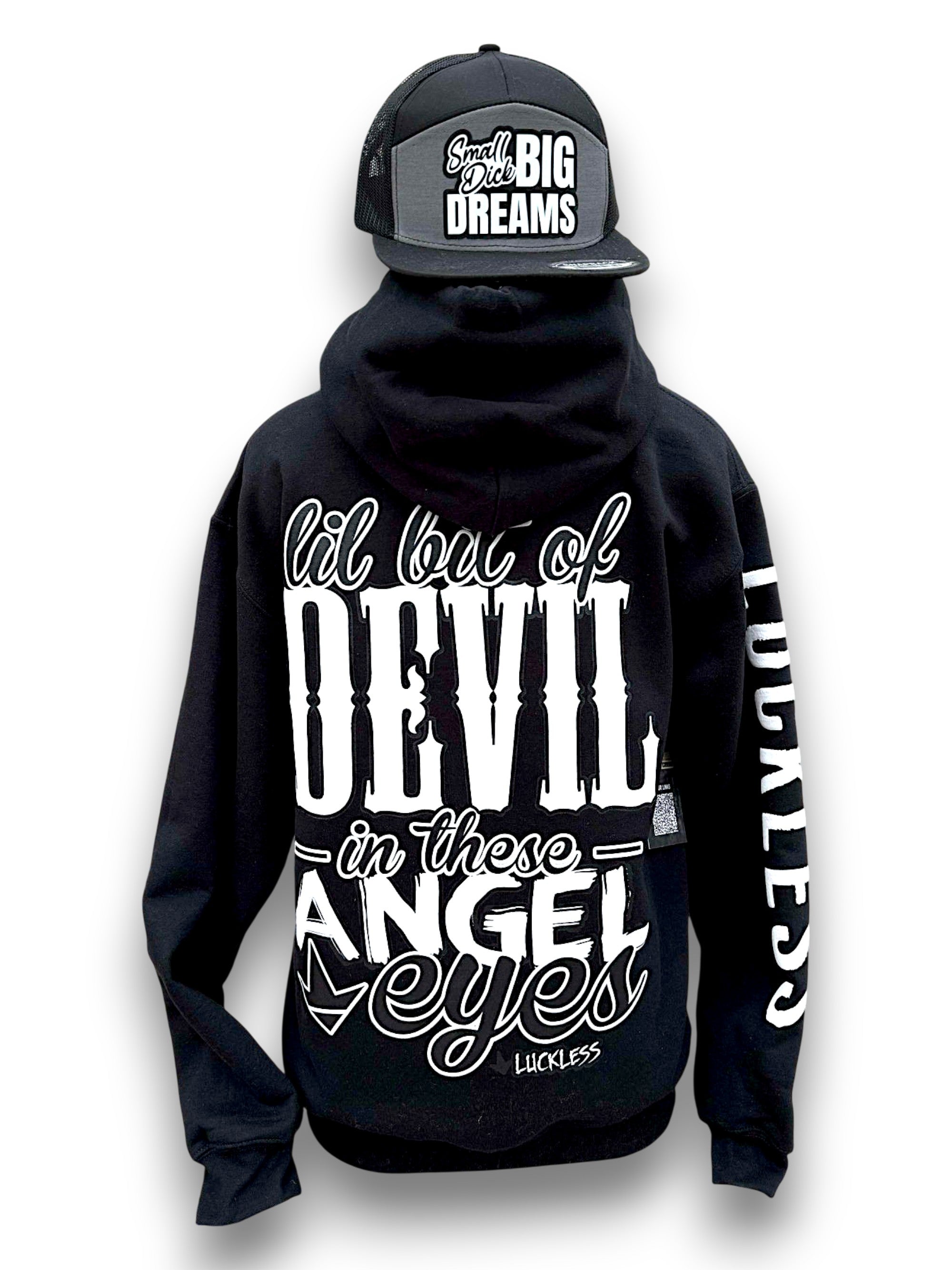 Luckless Outfitters Lil Bit Of Devil in these Angel Eyes Hoodie — main product shot
