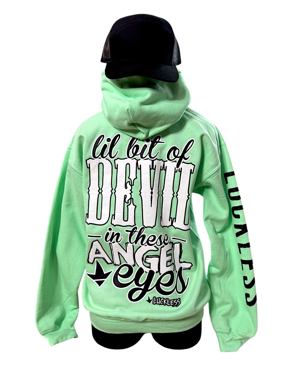 Luckless Outfitters Lil Bit Of Devil in these Angel Eyes Hoodie — detail close-up