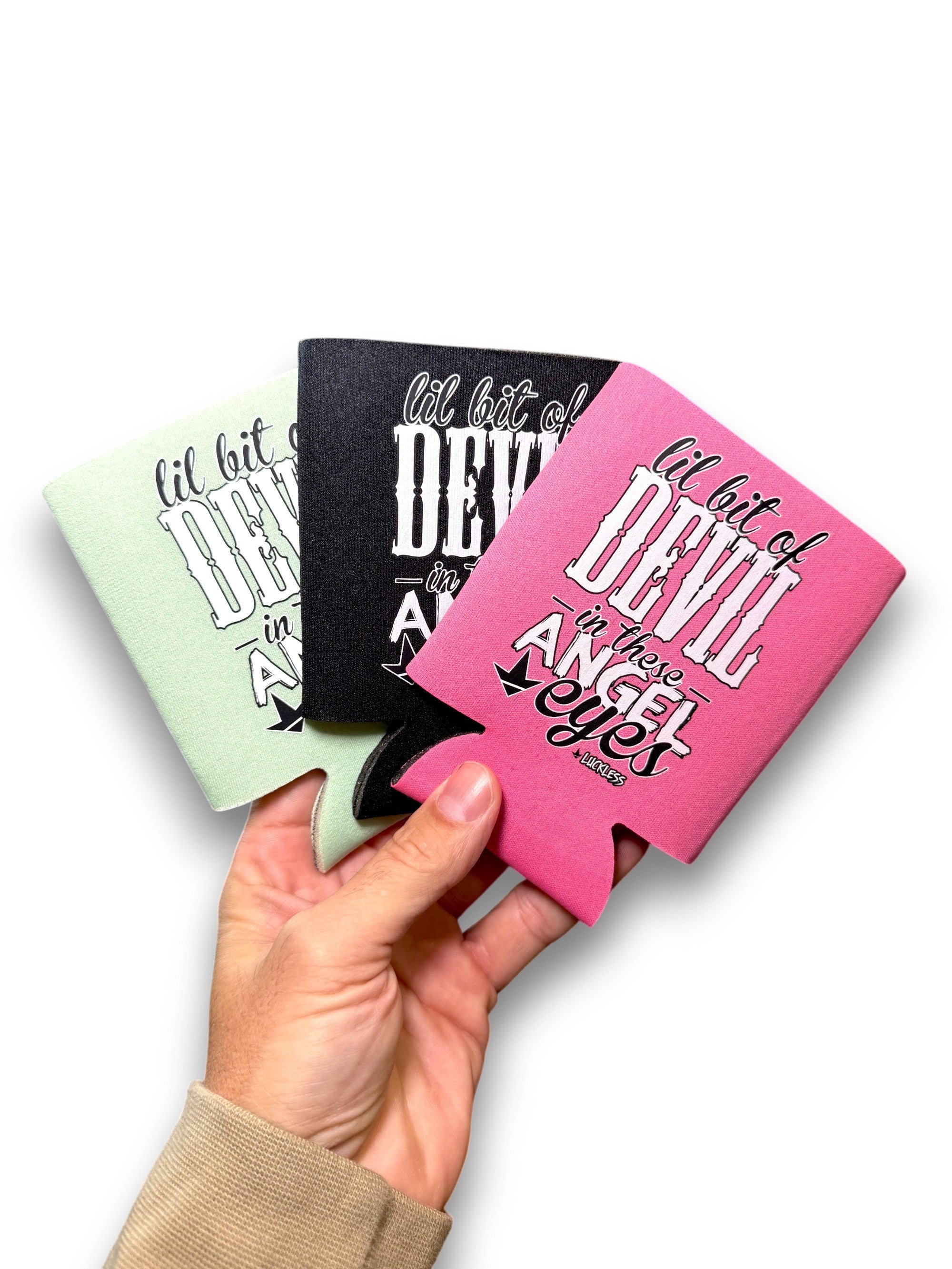 Luckless Outfitters Lil Bit Of Devil in these Angel Eyes Koozie — main product shot