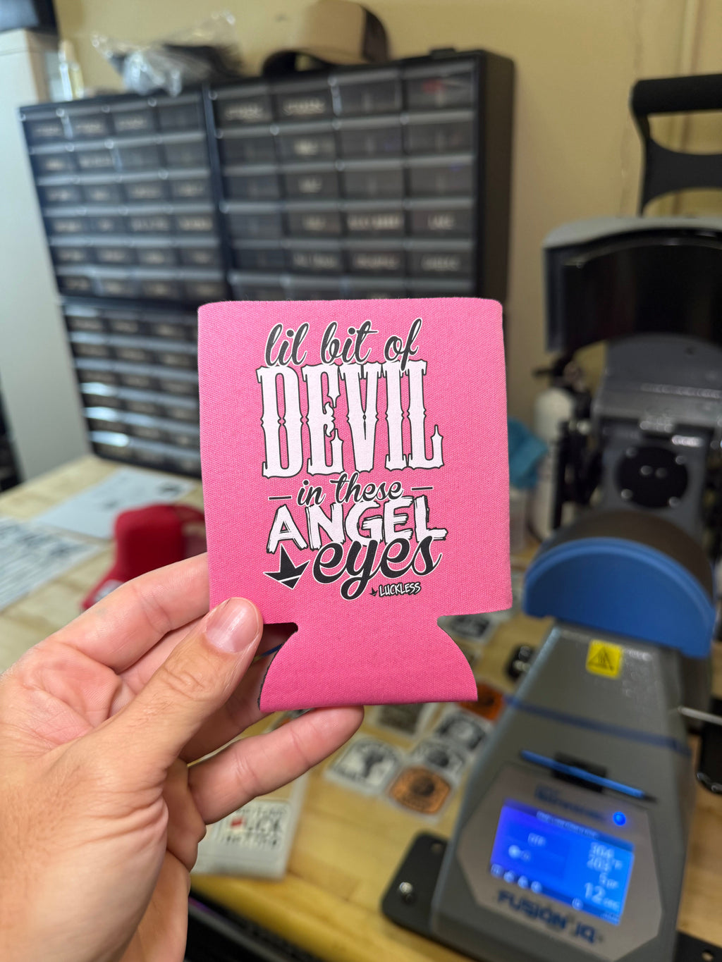 Luckless Outfitters Lil Bit Of Devil in these Angel Eyes Koozie — alternative angle