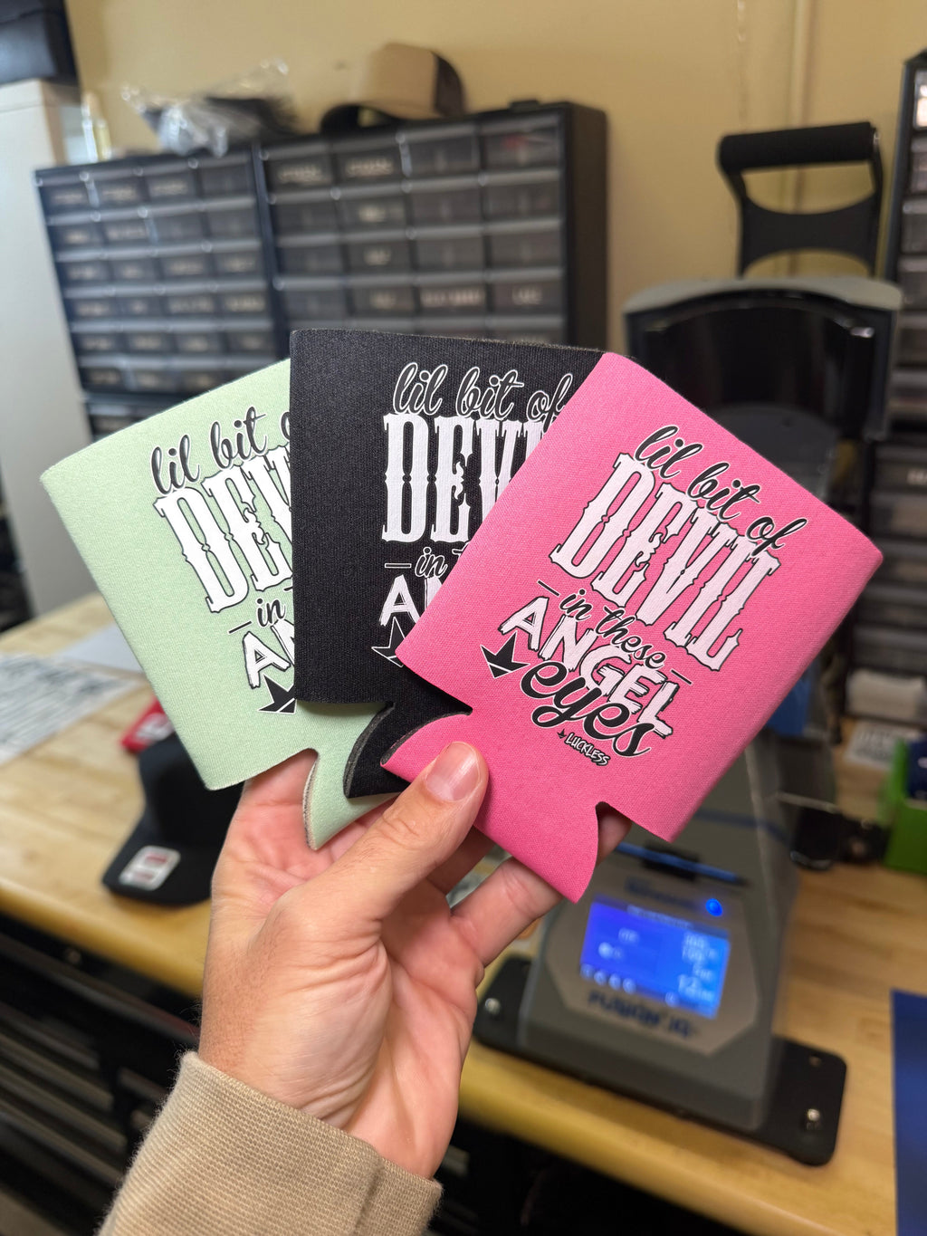 Luckless Outfitters Lil Bit Of Devil in these Angel Eyes Koozie — size reference