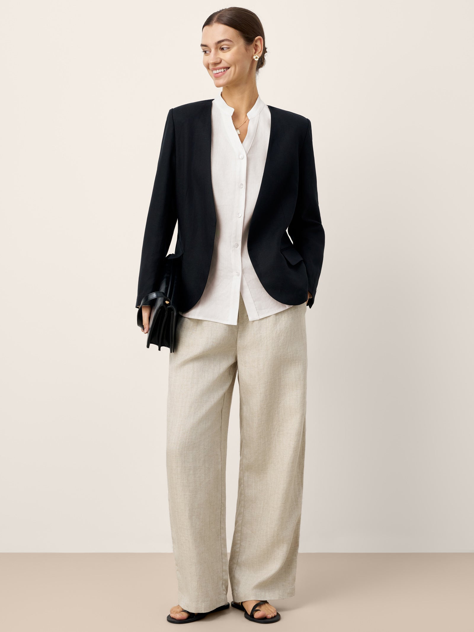 LINTICO Linen-Lyocell Mandarin Collar Fitted Seam Shirt THORA — detail shot 10