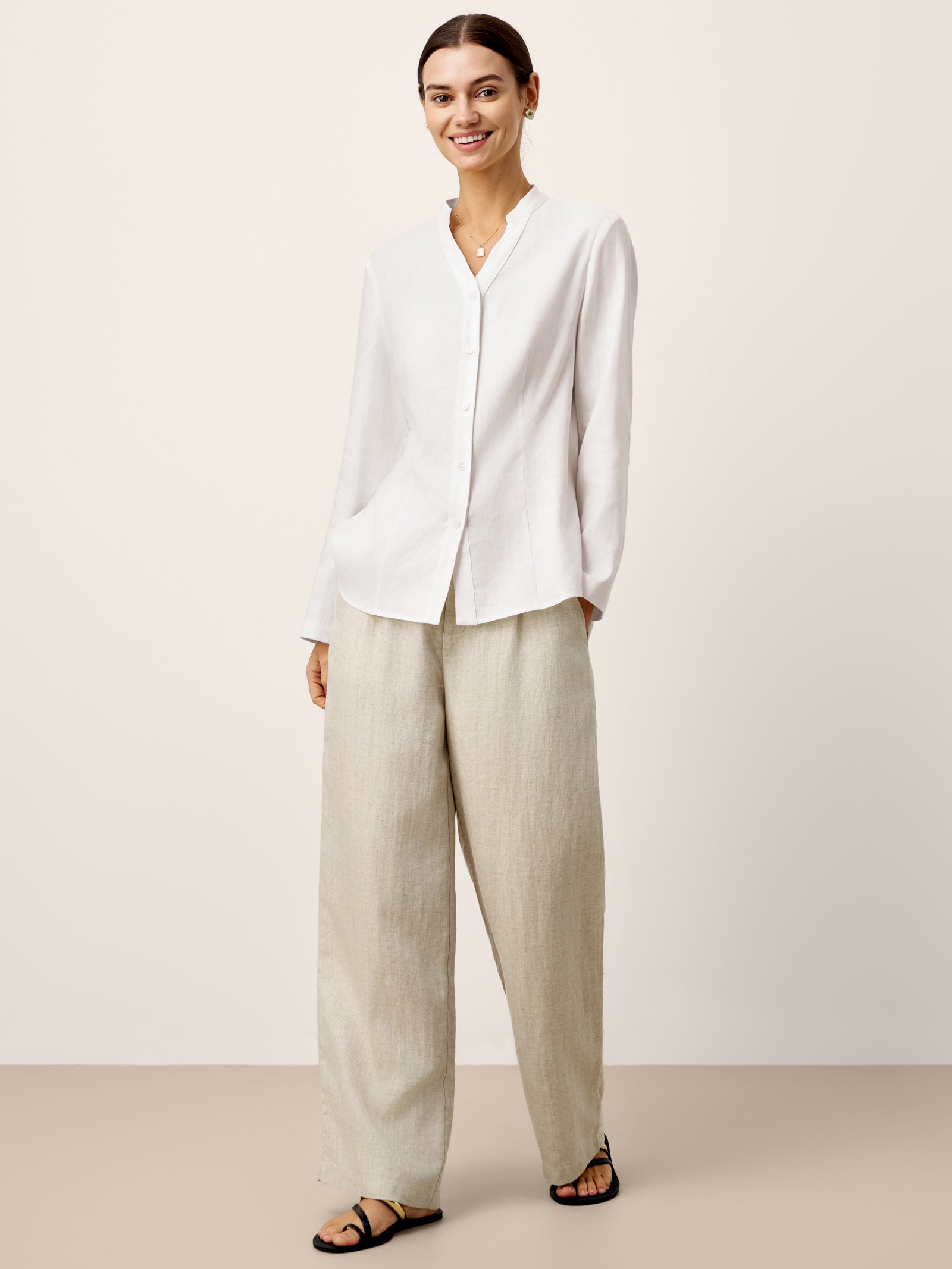 LINTICO Linen-Lyocell Mandarin Collar Fitted Seam Shirt THORA — detail shot 9