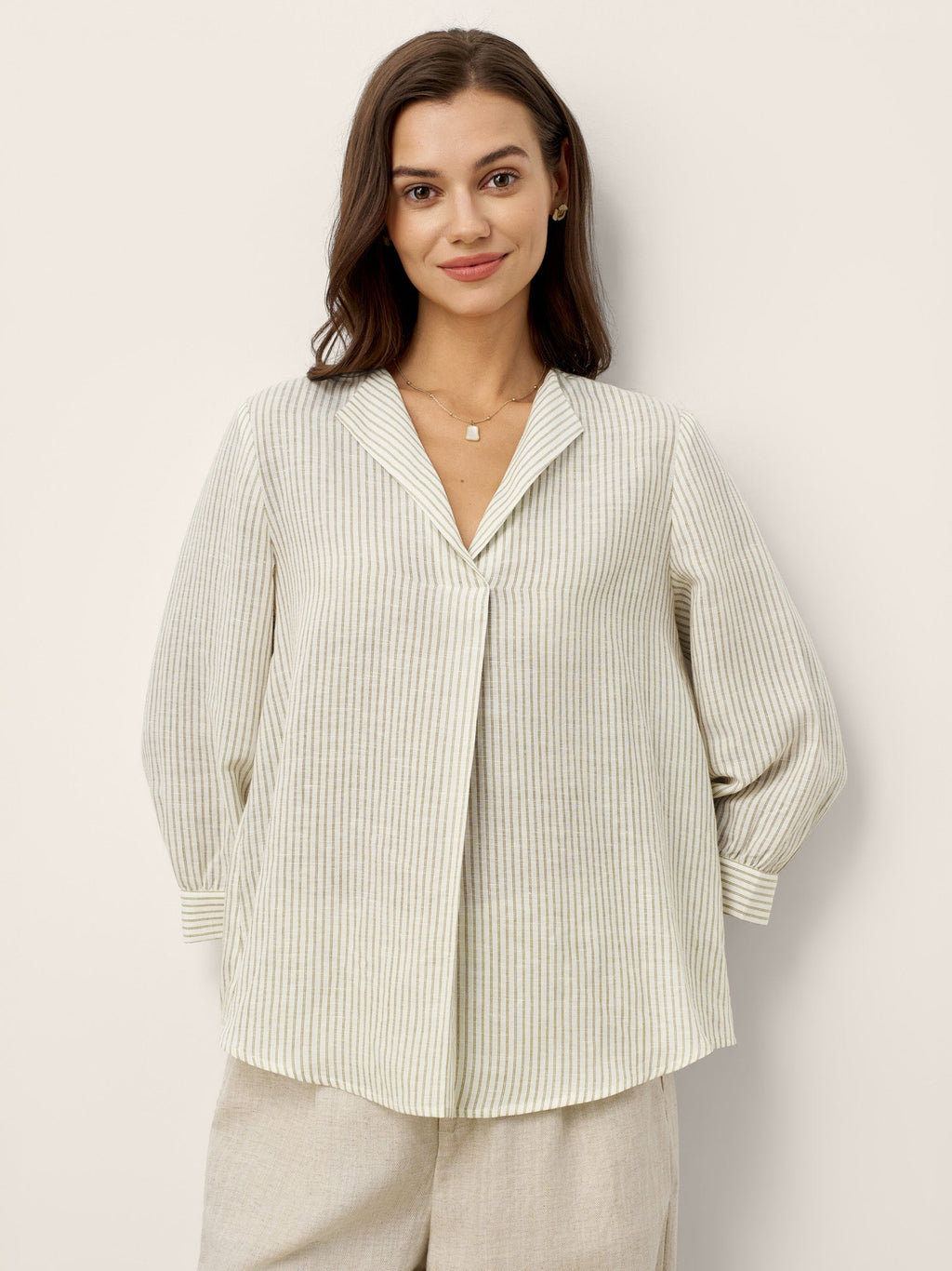 LINTICO Linen-Lyocell Striped Lapel Inverted Pleat Pullover Top MARGOT — lifestyle worn / used context