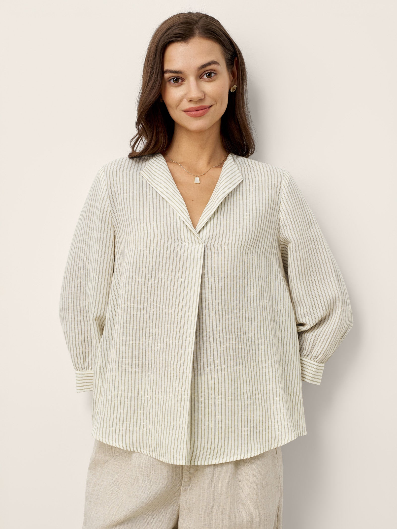 LINTICO Linen-Lyocell Striped Lapel Inverted Pleat Pullover Top MARGOT — lifestyle worn / used context