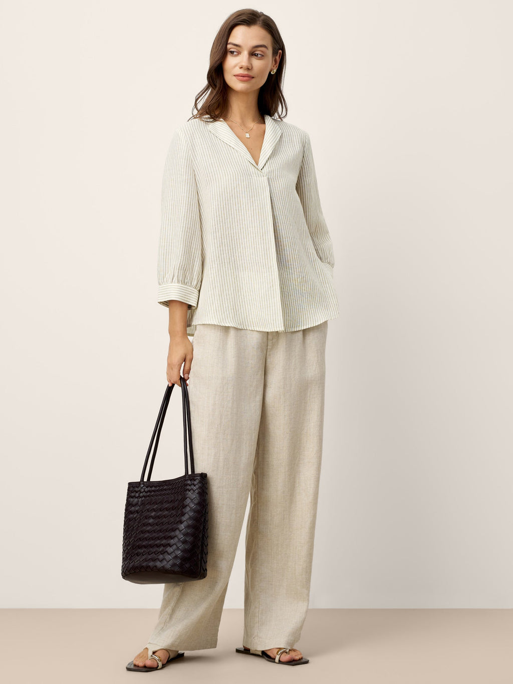 LINTICO Linen-Lyocell Striped Lapel Inverted Pleat Pullover Top MARGOT — detail shot 8