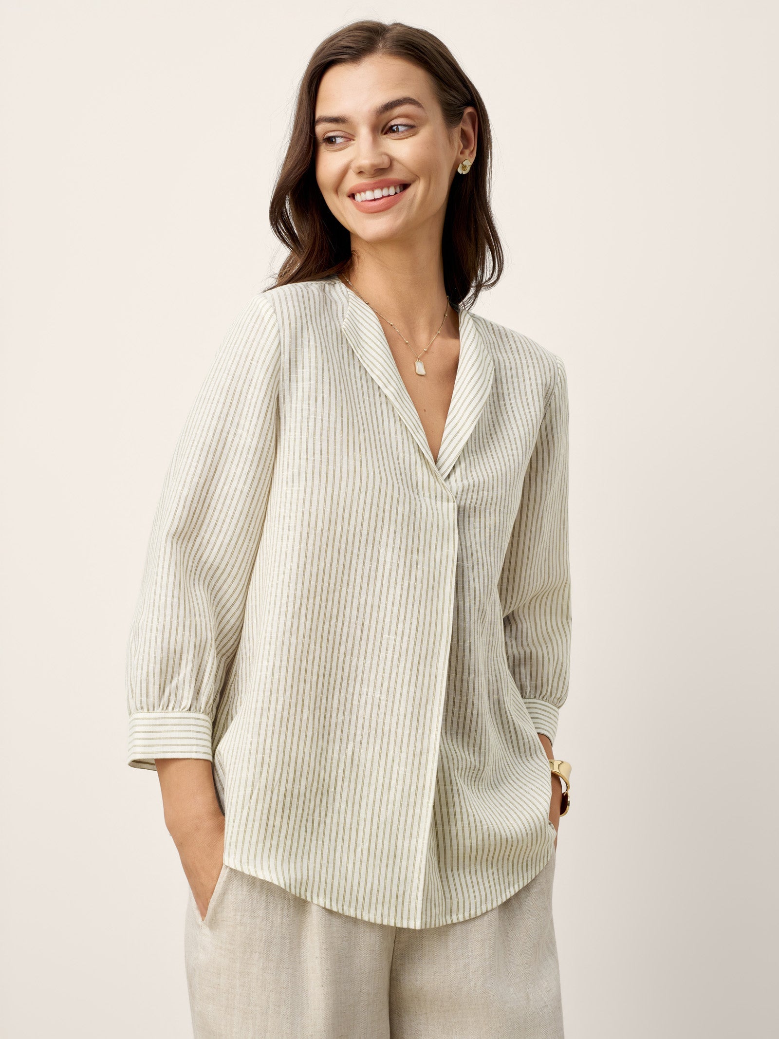 LINTICO Linen-Lyocell Striped Lapel Inverted Pleat Pullover Top MARGOT — tops-blouses-linen blend category context