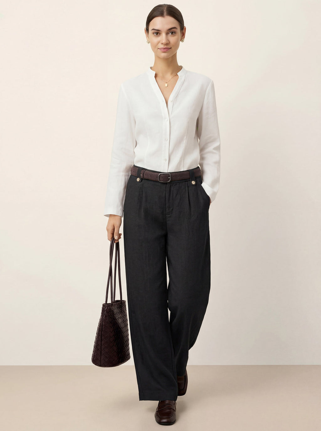 LINTICO Linen-Lyocell Pleated Wide Leg Trousers with Back Elastic & Button Detail AISLING — fabric or material detail