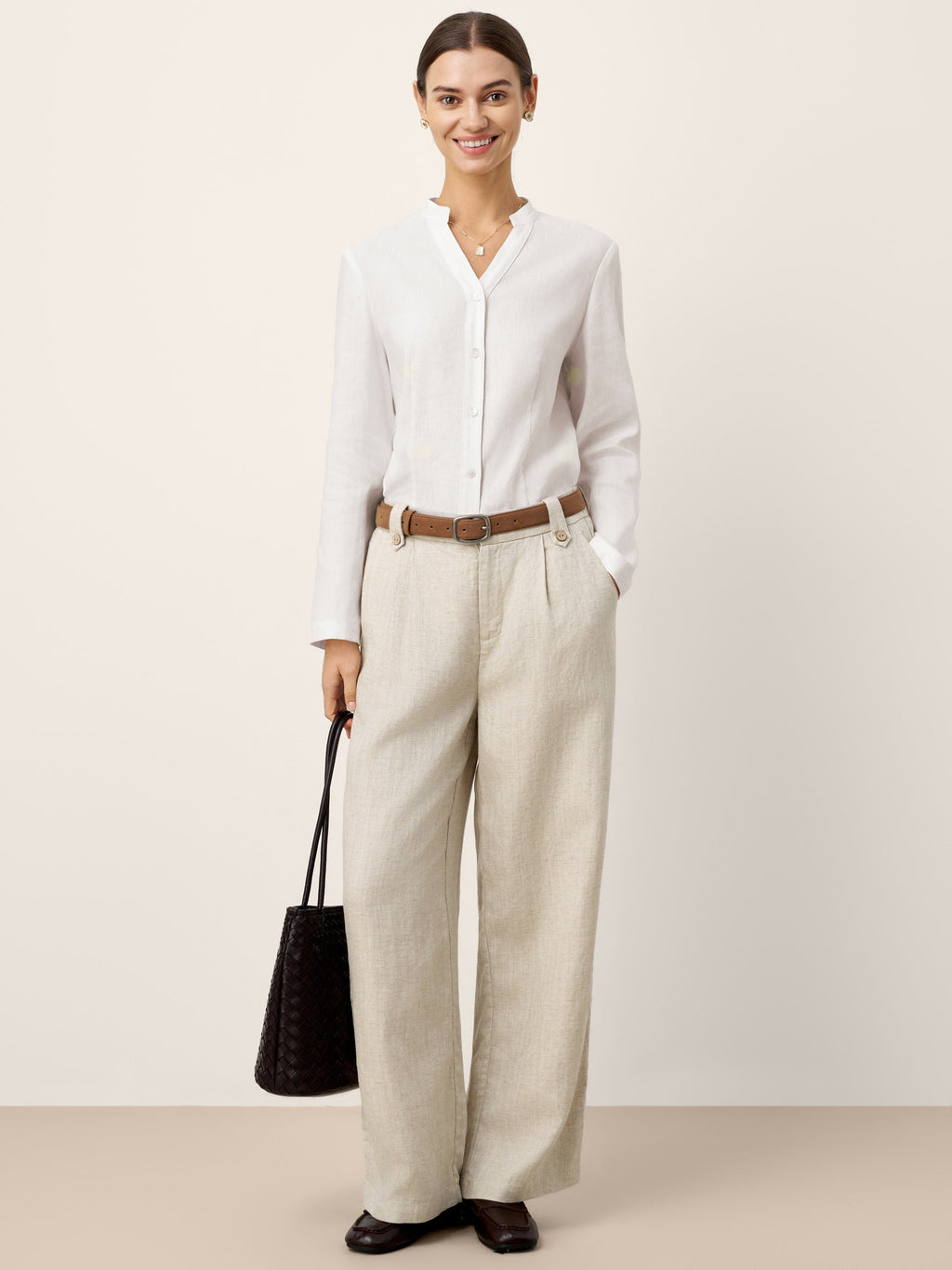LINTICO Linen-Lyocell Pleated Wide Leg Trousers with Back Elastic & Button Detail… — detail shot 7